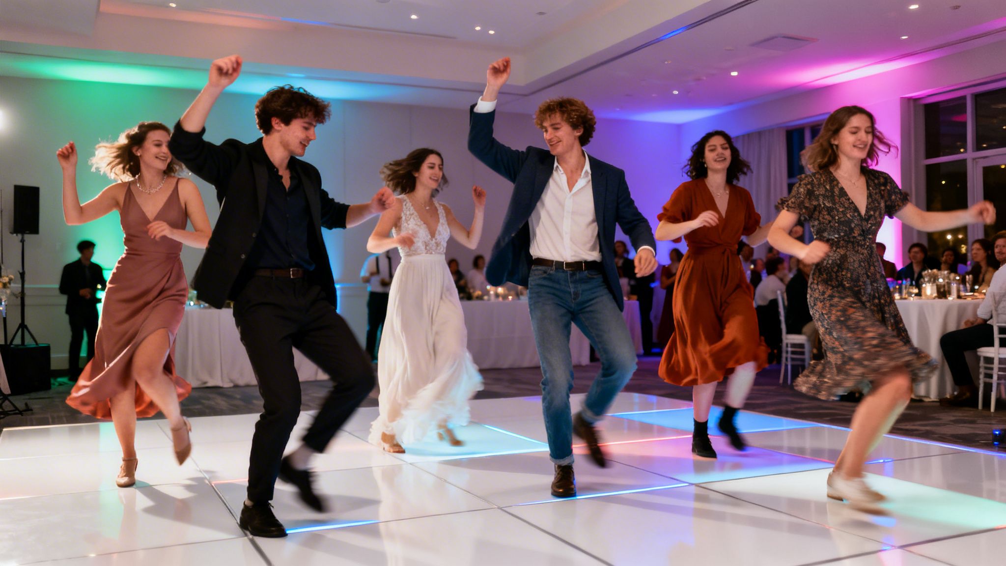 Five young adults dancing with enthusiasm on a glowing dance floor at a party.
