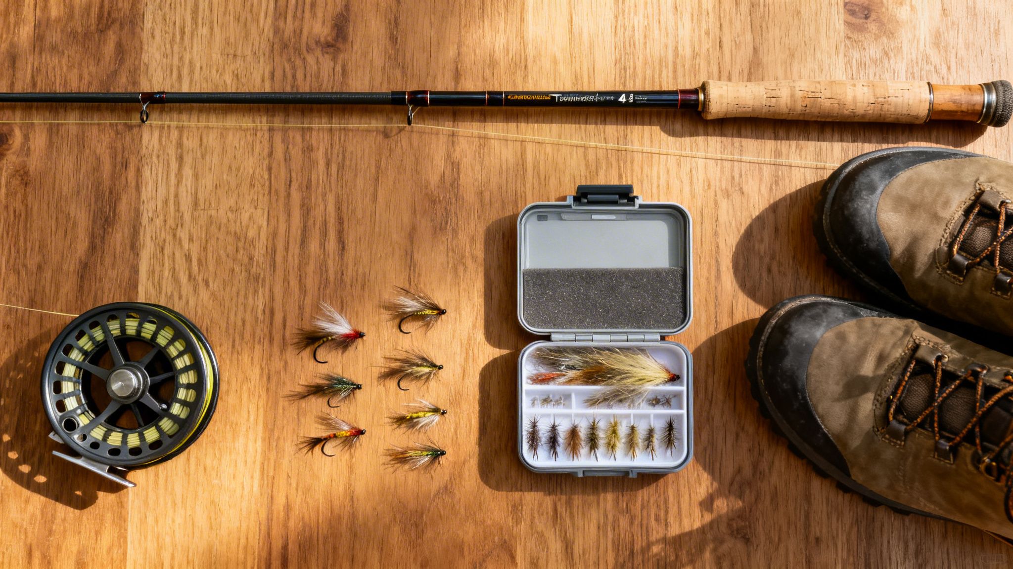 A flat lay of fly fishing gear, including a rod, reel, various flies, and boots on wood.