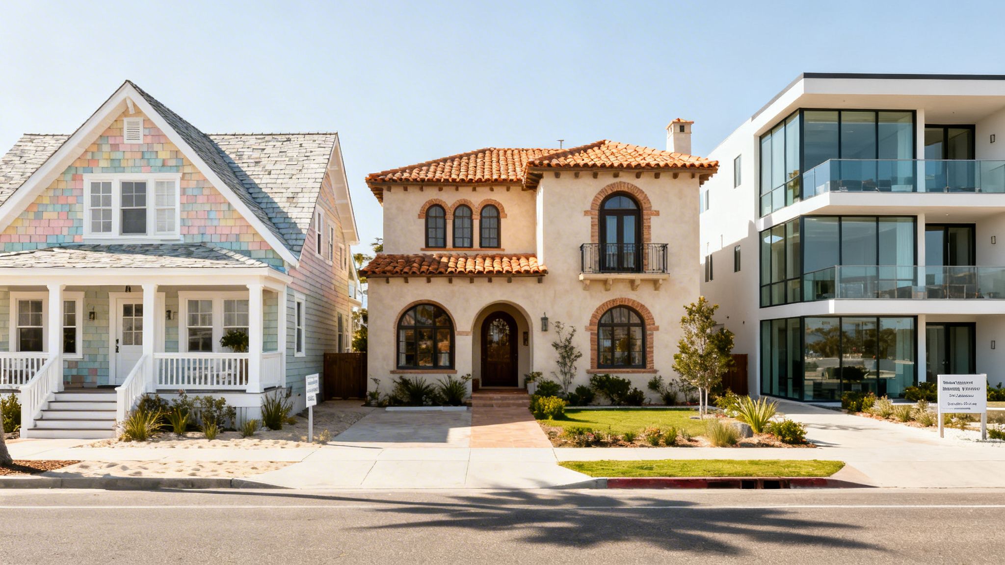 Three distinct houses: a colorful cottage, a Spanish-style home, and a modern building, line a street.