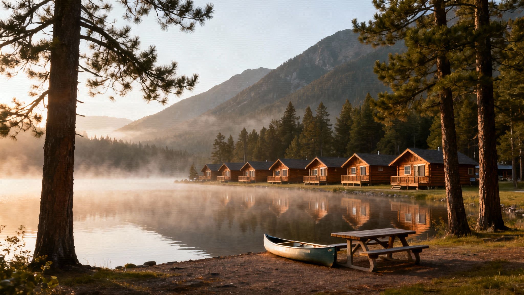 Rustic log cabins line a tranquil, misty lake at sunrise, with a canoe and picnic table.