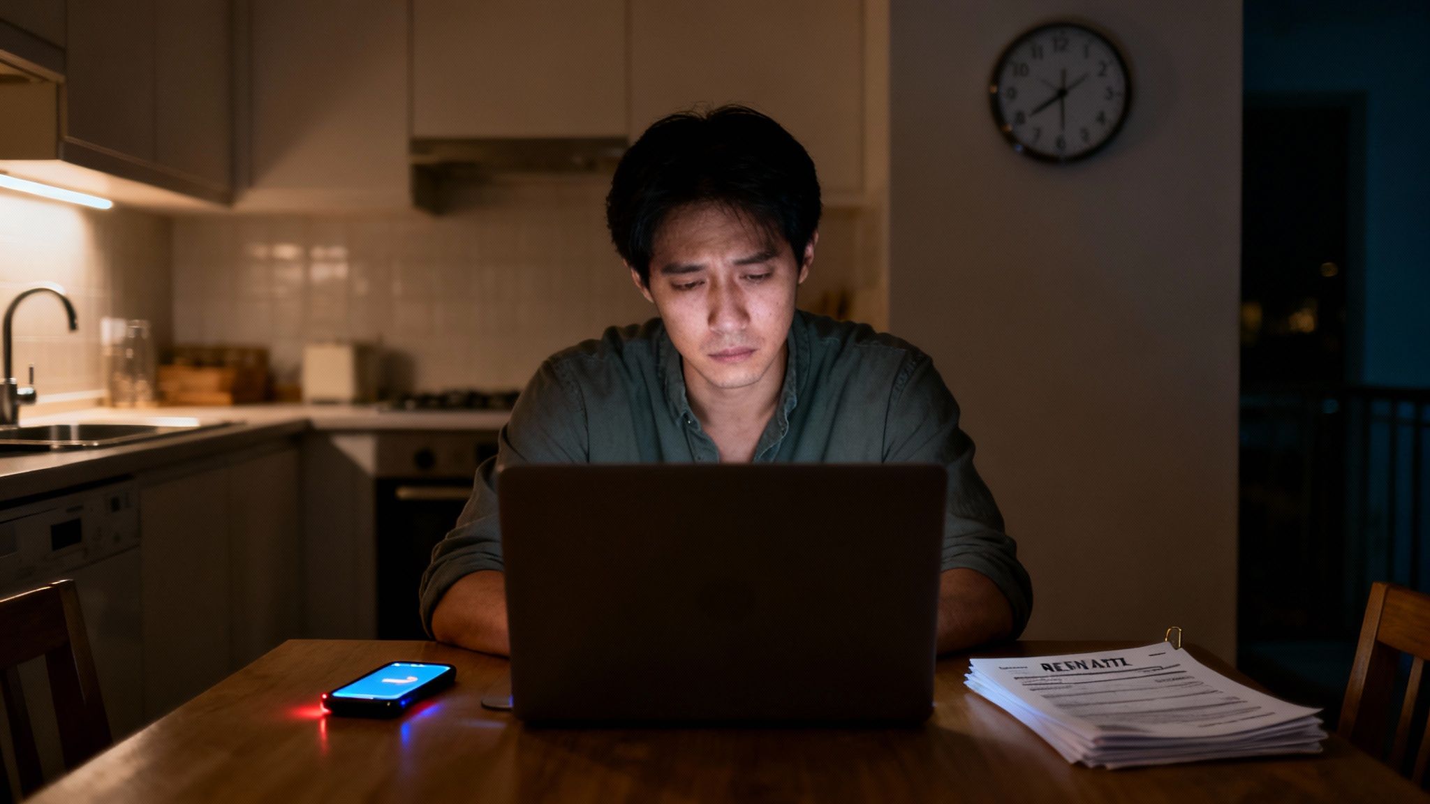 A serious man sits at a table in a dimly lit kitchen, working intently on his laptop at night.