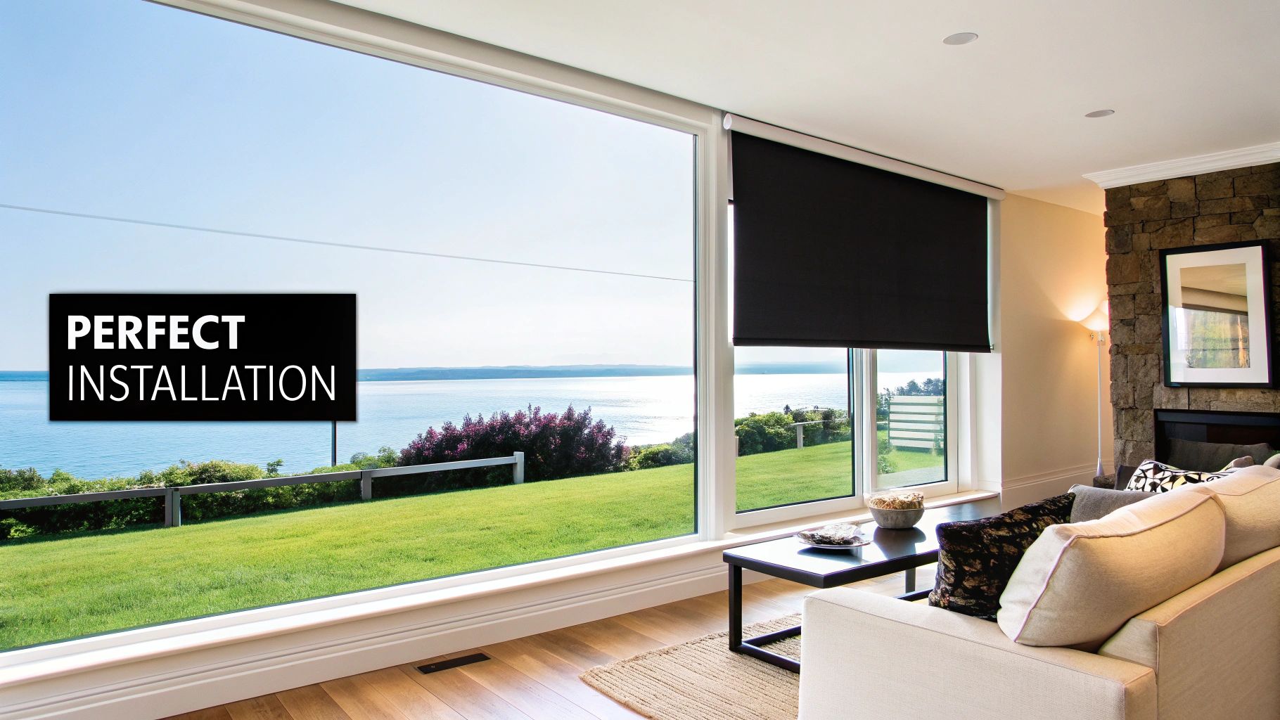 A modern living room with a large window overlooking the sea, featuring a black roller shade and a 'PERFECT INSTALLATION' sign.