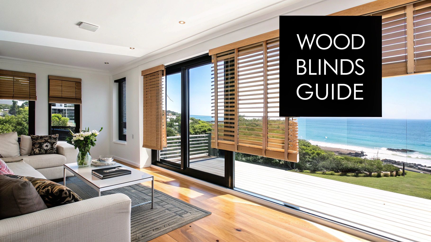 A bright living room with light brown wood blinds, a white sofa, and an ocean view.