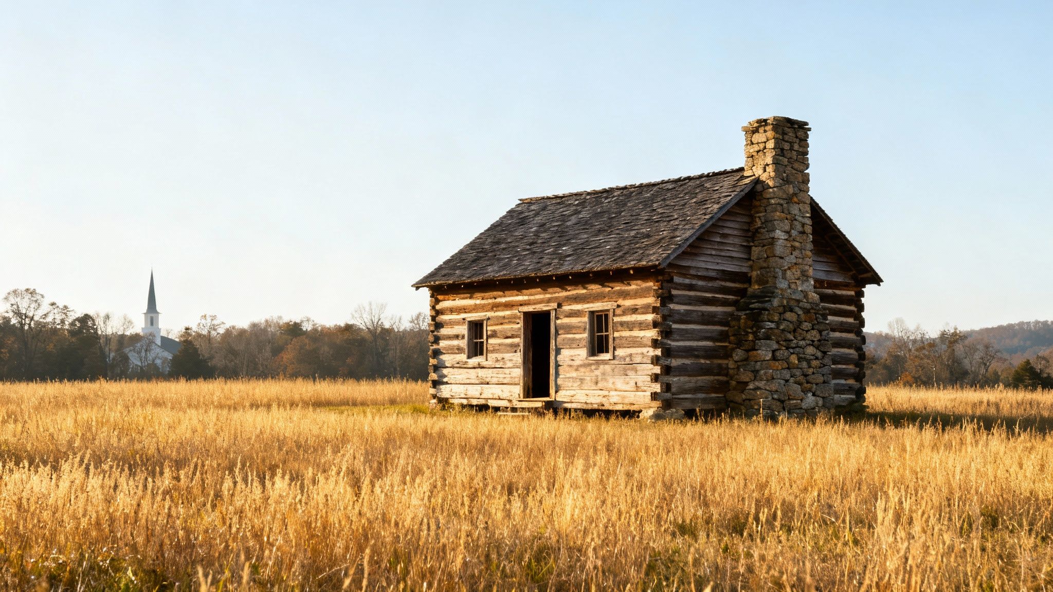 An old log cabin with a stone chimney stands in a golden field, with a white church steeple in the distance.