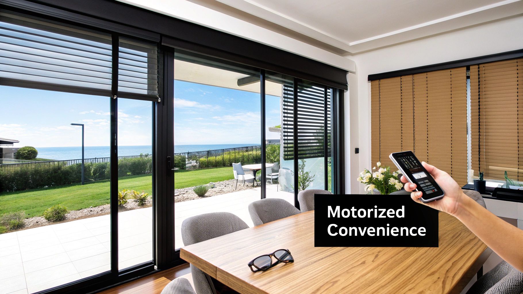 Motorized blinds on large windows with a sea view, controlled by a smartphone from a modern dining room.