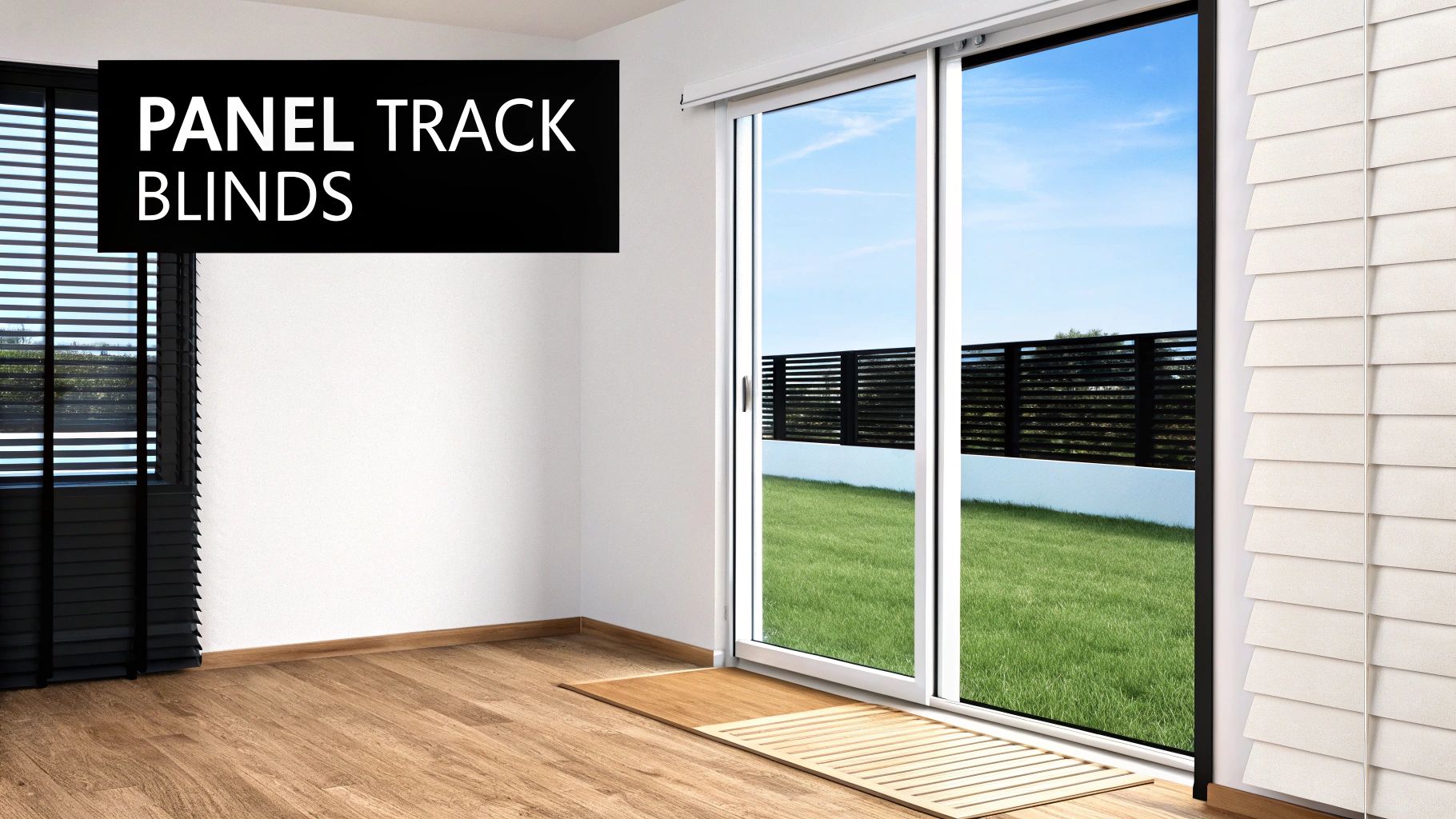 Interior room with black horizontal blinds and white panel track blinds on sliding glass door overlooking a lawn.