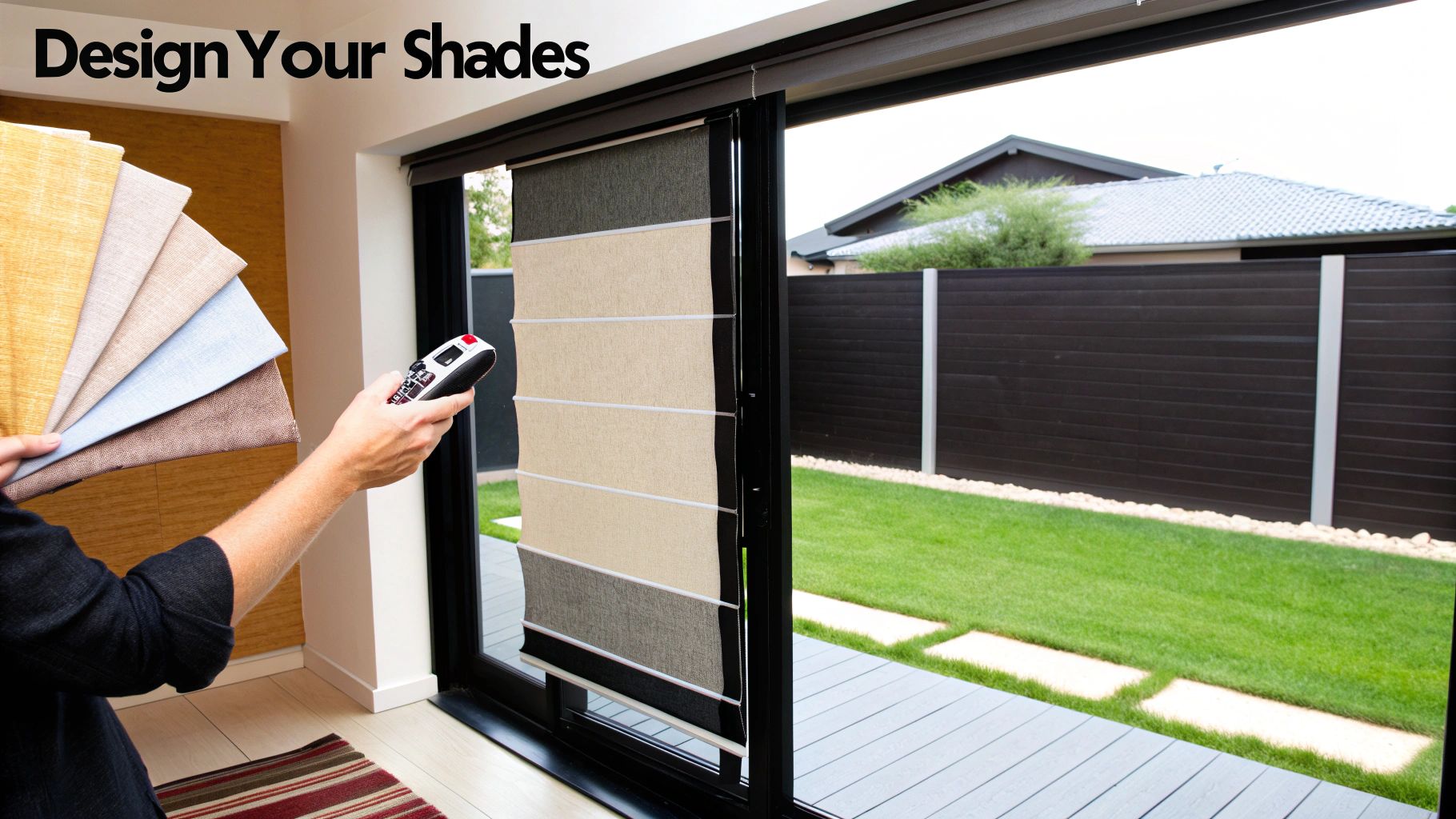 A person selects fabric samples and uses a remote to design vertical shades for a sliding glass door.
