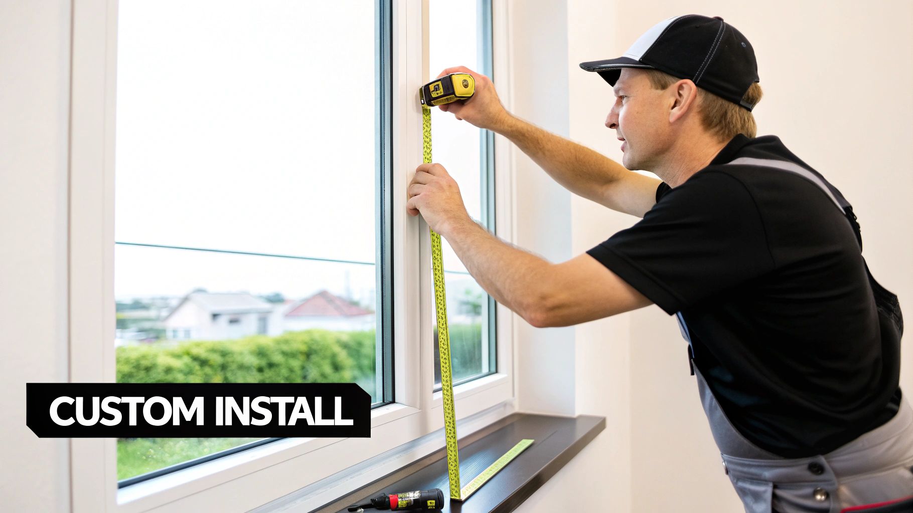 A professional installer in work clothes precisely measures a white window frame with a yellow tape measure.