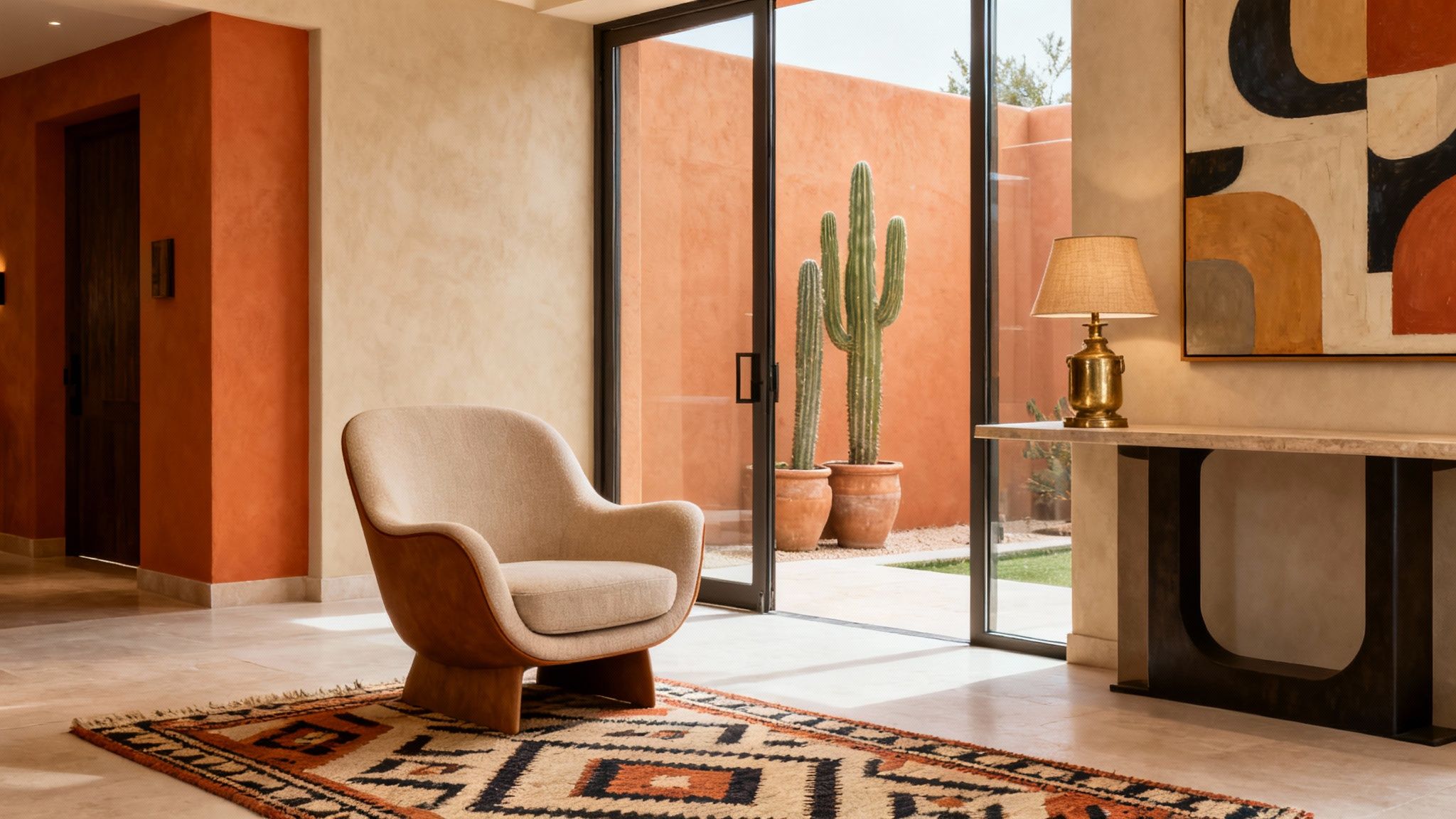 A warm, inviting hotel lounge with a beige armchair, patterned rug, and patio view.
