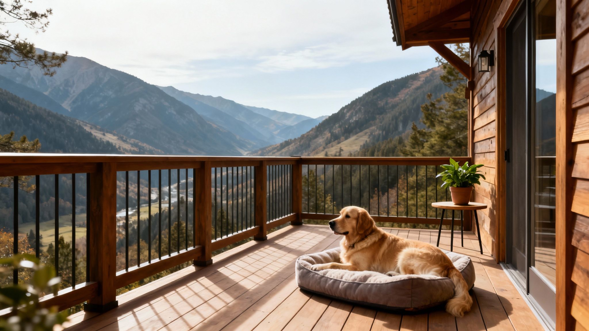 A golden retriever dog rests on a cozy bed on a wooden cabin deck, overlooking a majestic mountain valley.