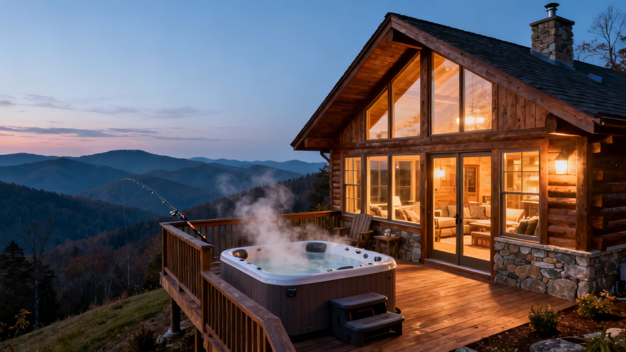 Steaming hot tub on a log cabin deck with a fishing rod overlooking blue mountains at dusk.