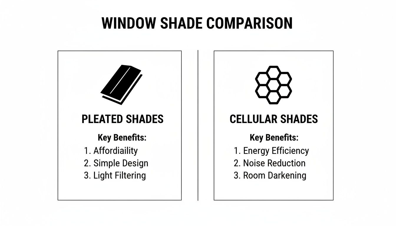 A comparison chart highlighting the key benefits of pleated shades versus cellular shades for windows.