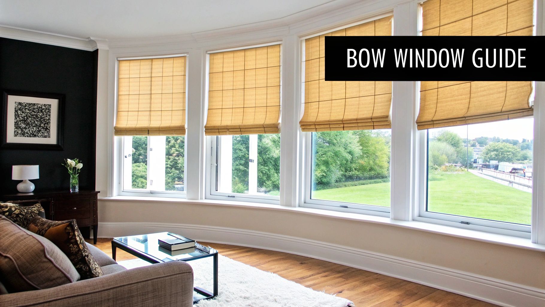 A living room featuring a bow window with multiple panels and light brown Roman blinds, overlooking a green landscape.