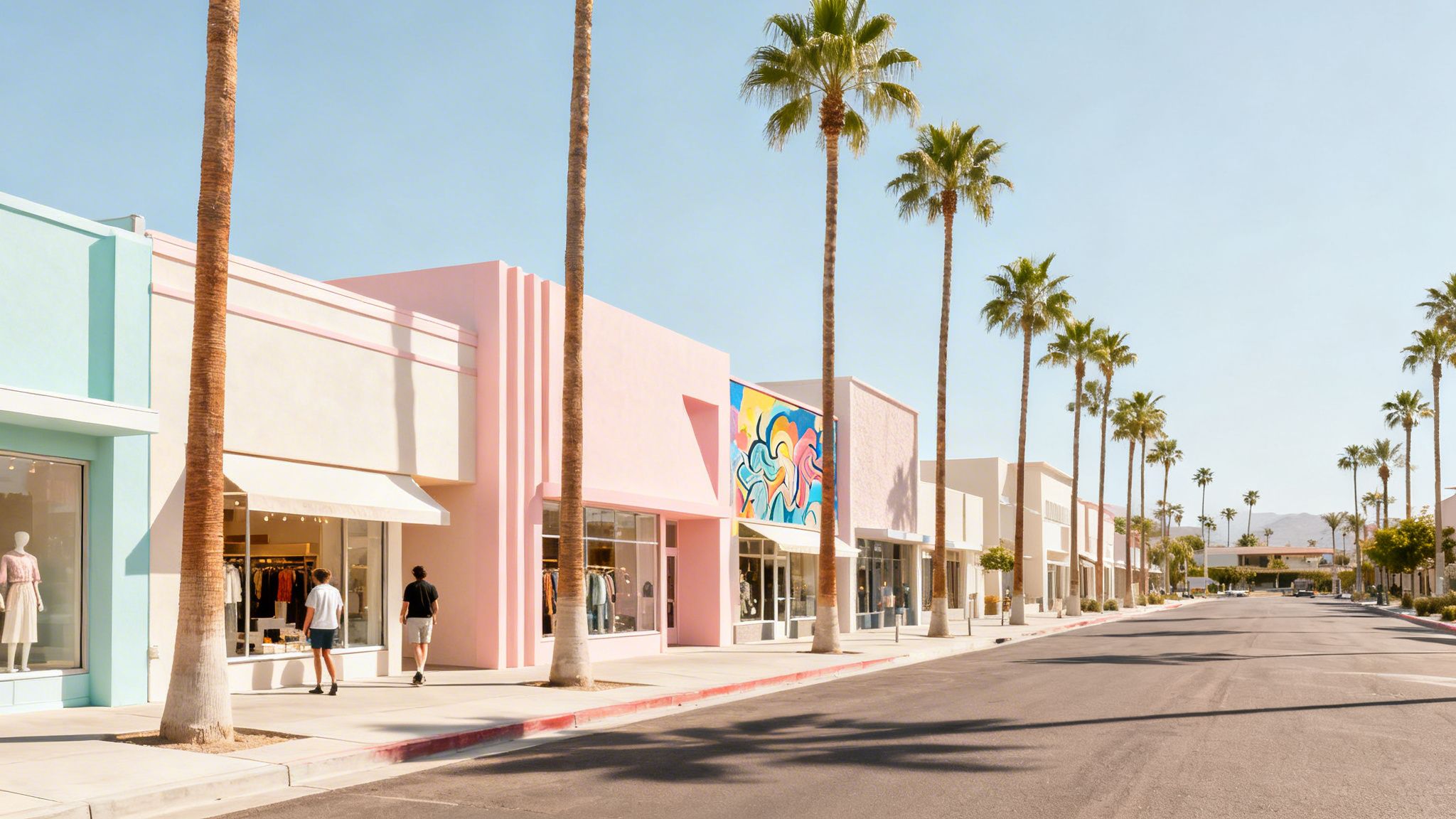 A vibrant pastel-colored shopping street in Palm Springs, lined with palm trees under a sunny sky.
