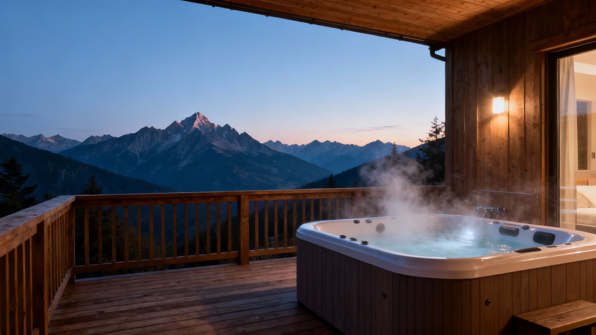 A relaxing hot tub on the deck of a cabin with a beautiful mountain view at sunset.
