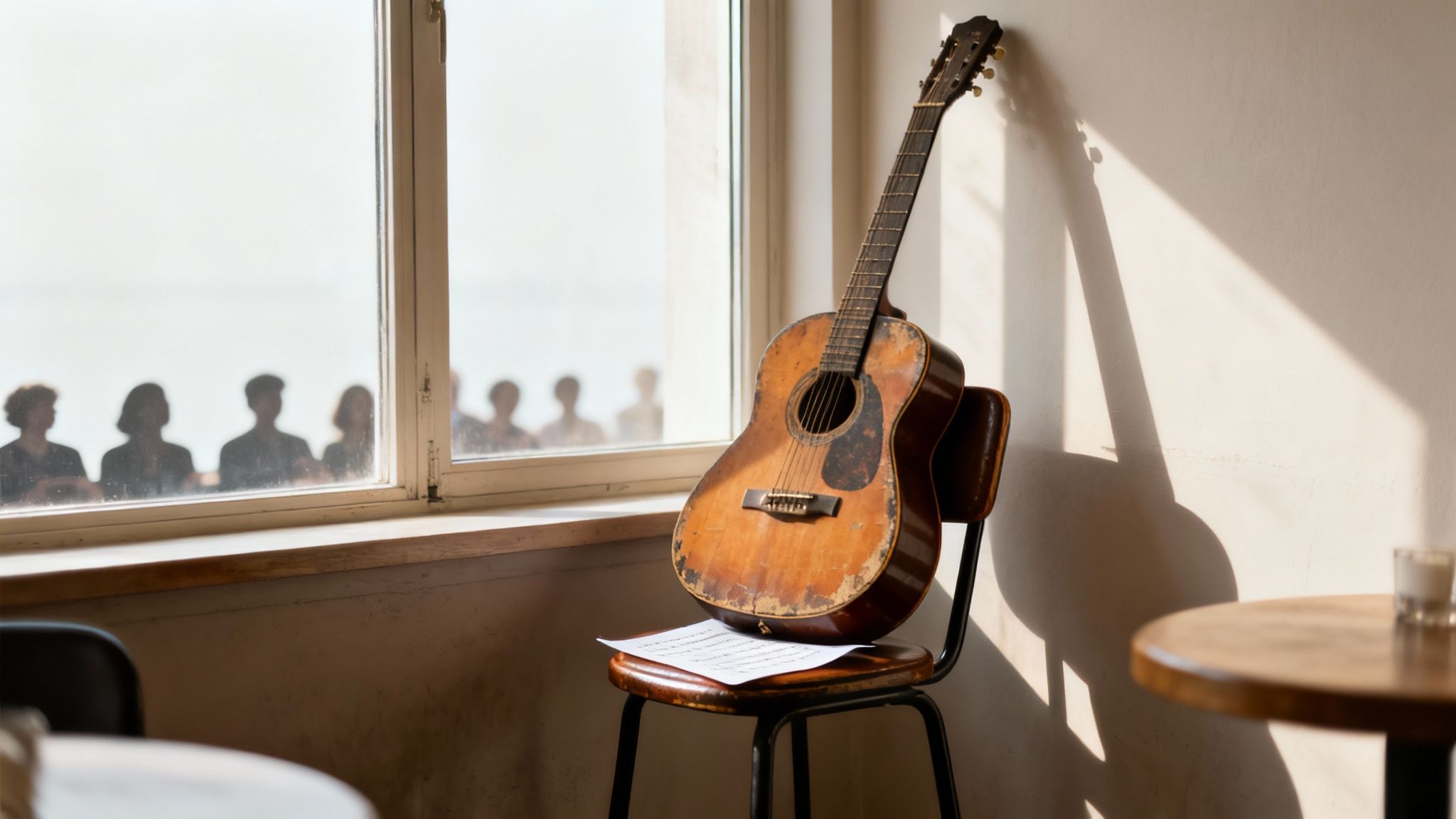 Vintage acoustic guitar with sheet music resting on wooden chair by sunny window