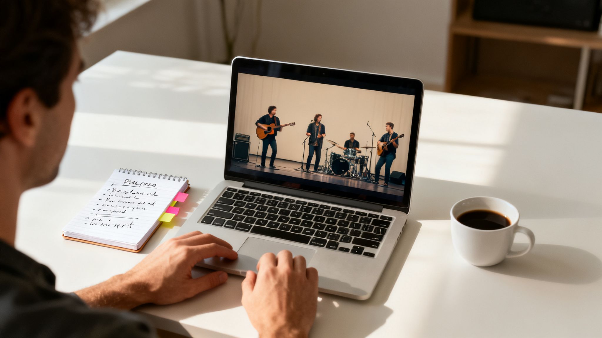 A person views an online concert on a laptop, with a notebook and a coffee cup on the desk.