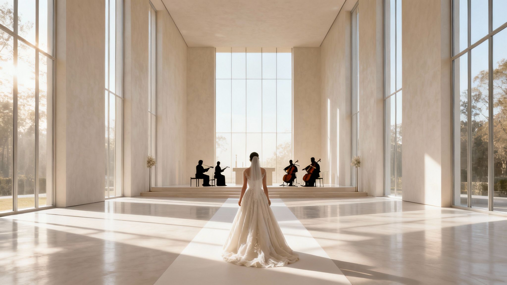 A bride in a white gown stands at the end of an aisle in a grand, sunlit modern wedding venue with musicians.