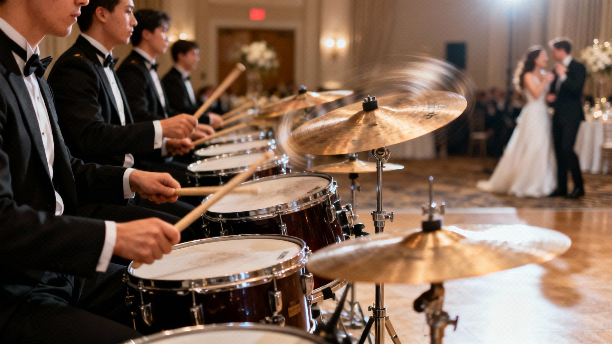 A line of drummers in tuxedos playing at a wedding reception with a dancing couple in the background.