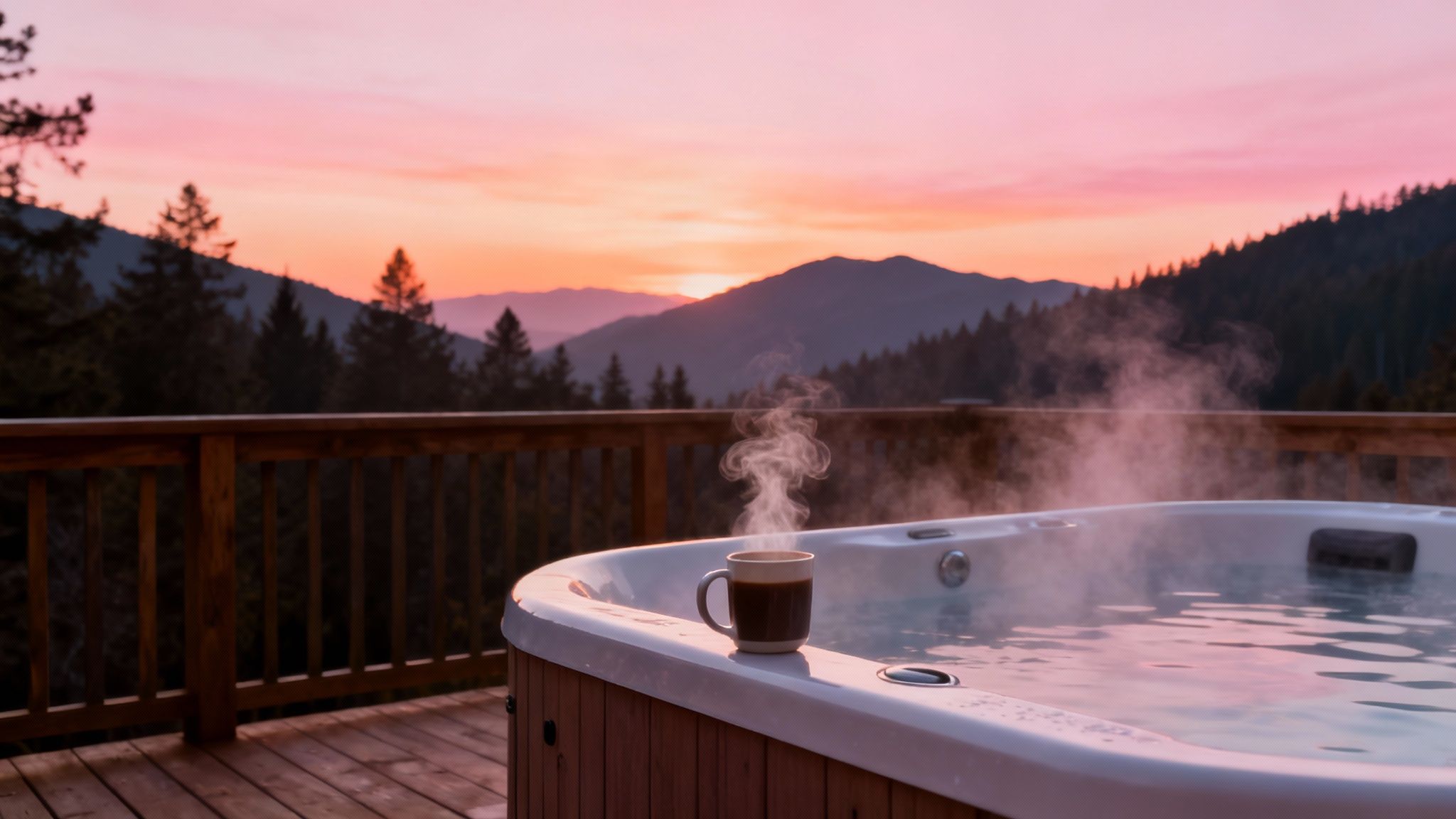 Couple enjoying a hot tub on a cabin deck in the mountains.