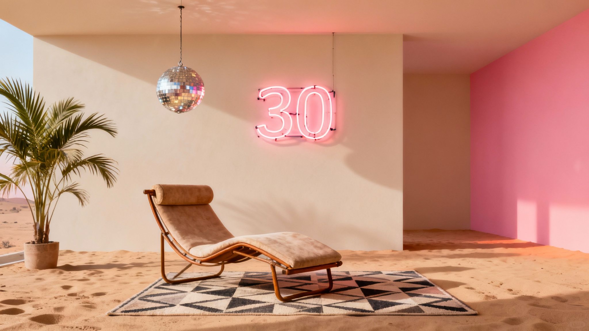 Friends laughing and having fun in a stylish, desert-chic hotel courtyard.