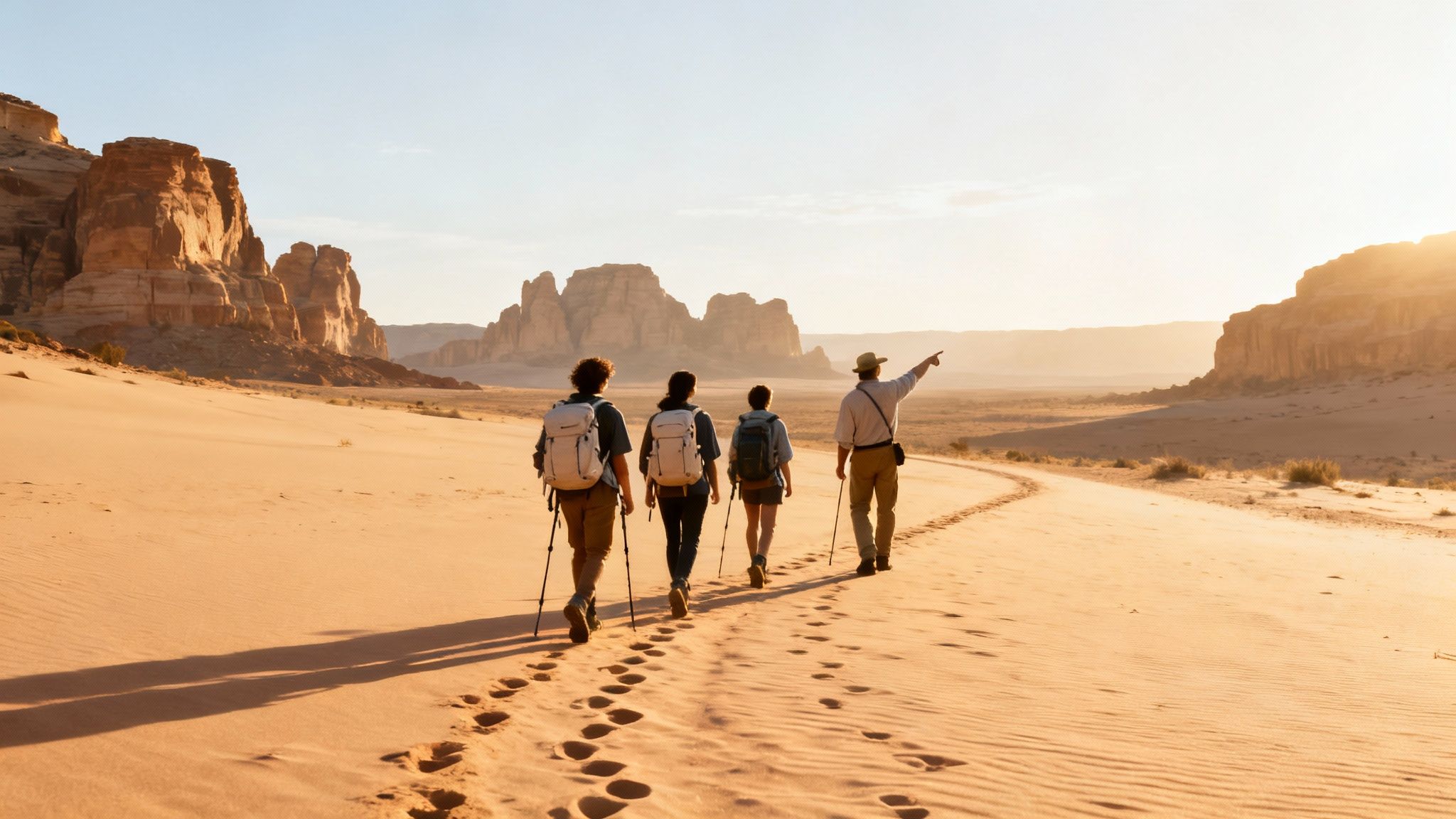 Group of four people hiking across a sandy desert with mountains, guided by a person pointing.