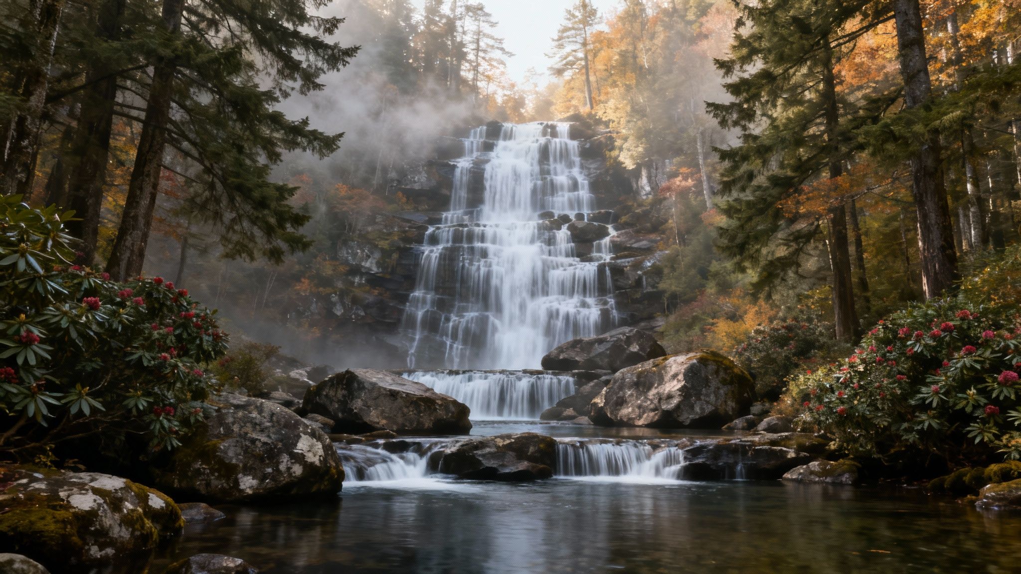 A majestic multi-tiered waterfall cascades through a misty autumn forest with red flowers.