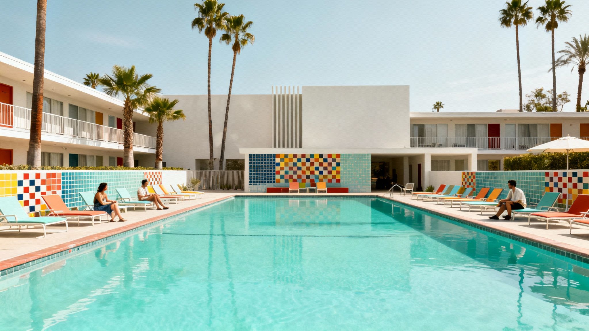 A vibrant mid-century modern hotel with a large swimming pool, colorful tiles, and palm trees.