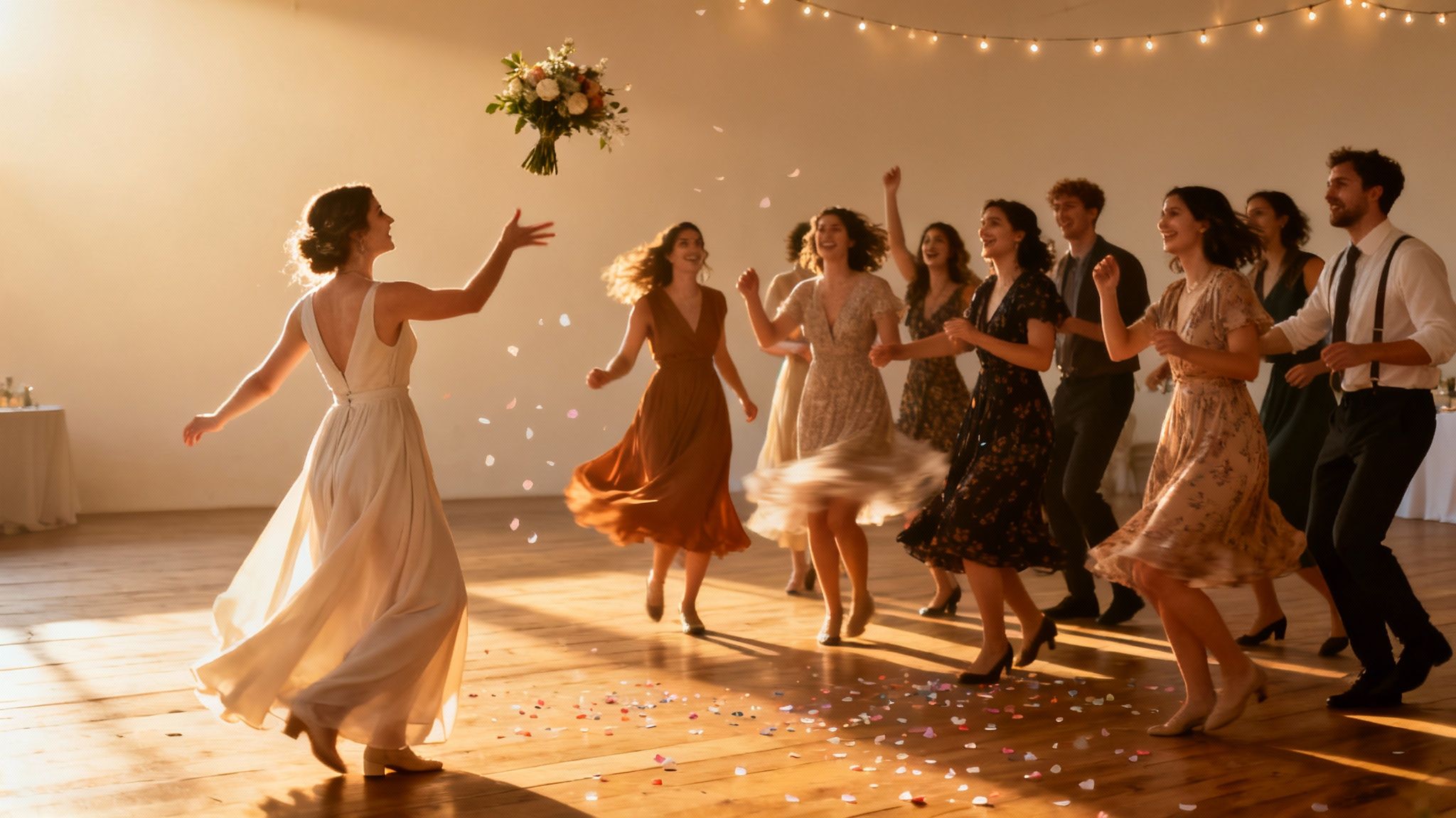 A joyful bride in a white dress tosses her bouquet while guests dance at a lively wedding reception.