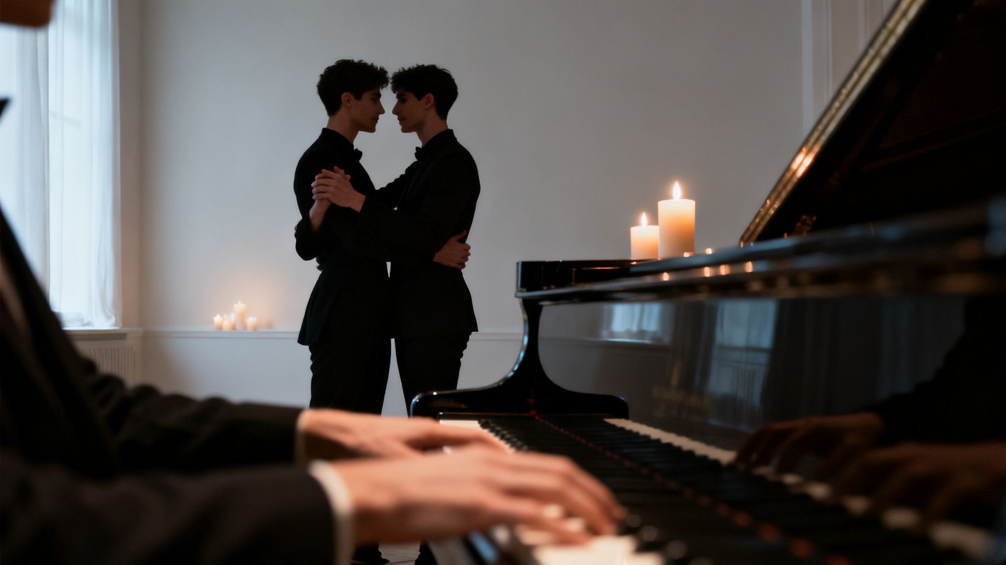 Two men in suits dancing romantically in a candlelit room, while someone plays a grand piano.