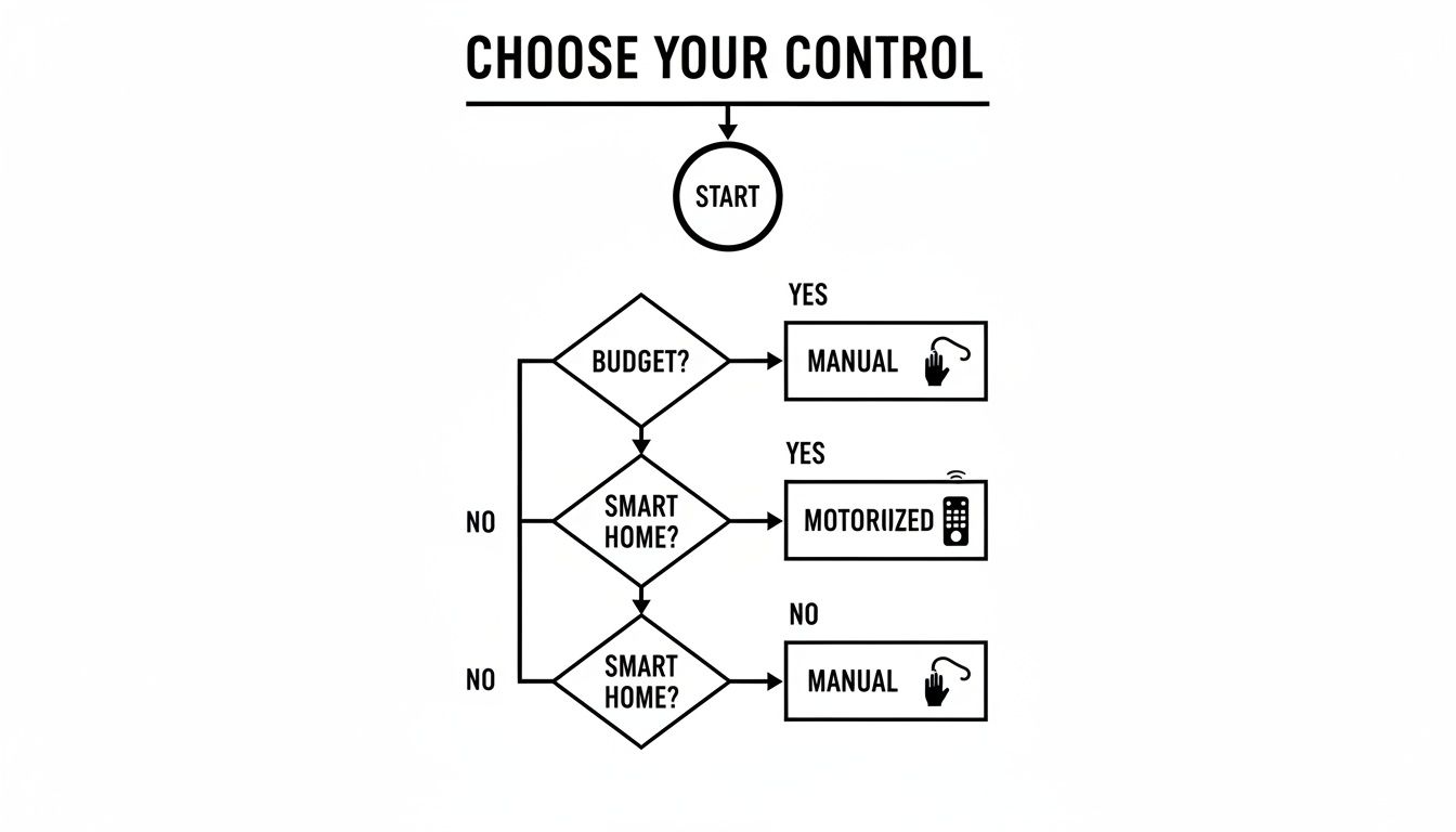 Decision flowchart for selecting manual or motorized control based on budget and smart home needs.