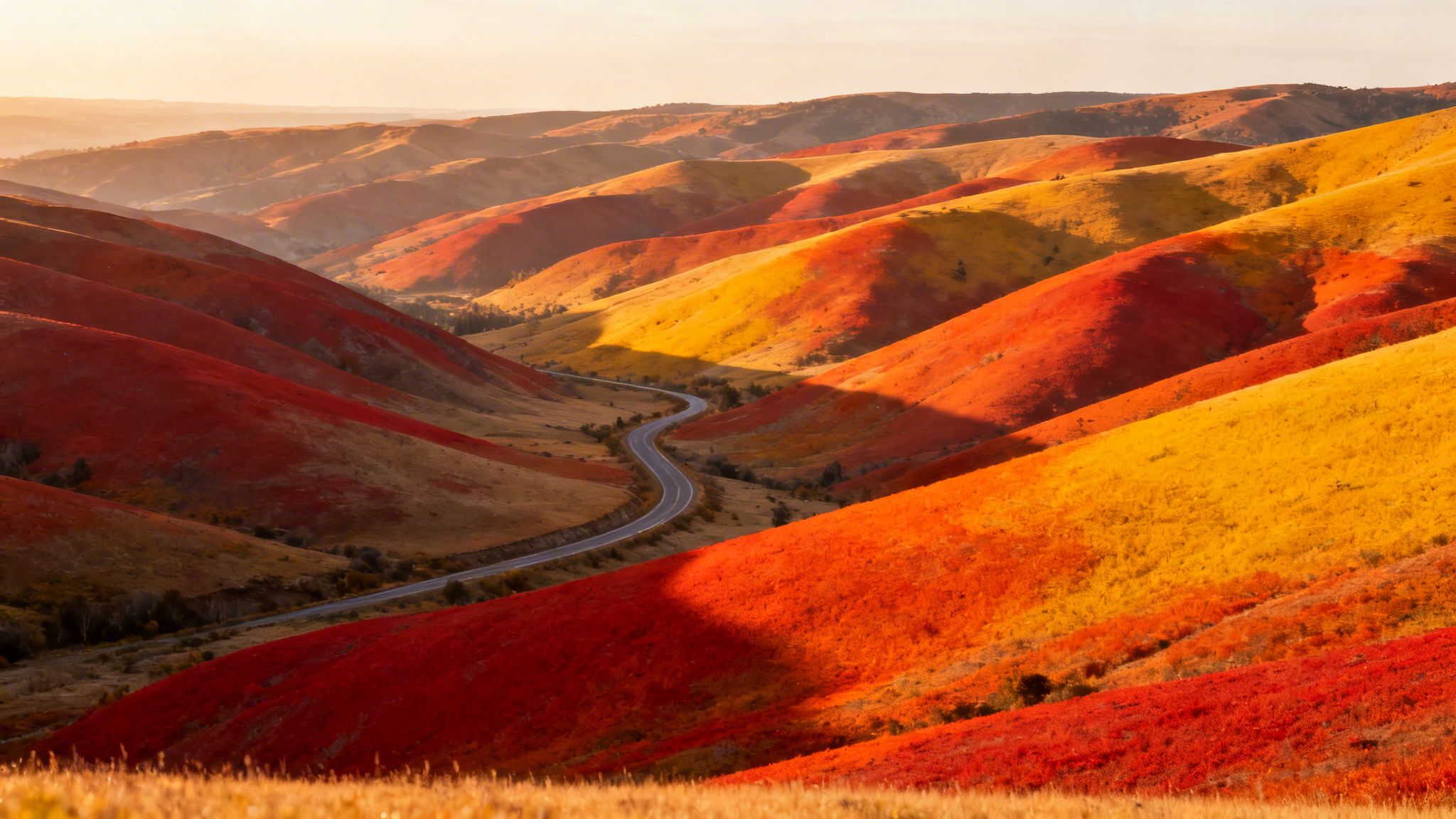 A breathtaking view of rolling hills vibrant with red and yellow autumn foliage, with a winding road.