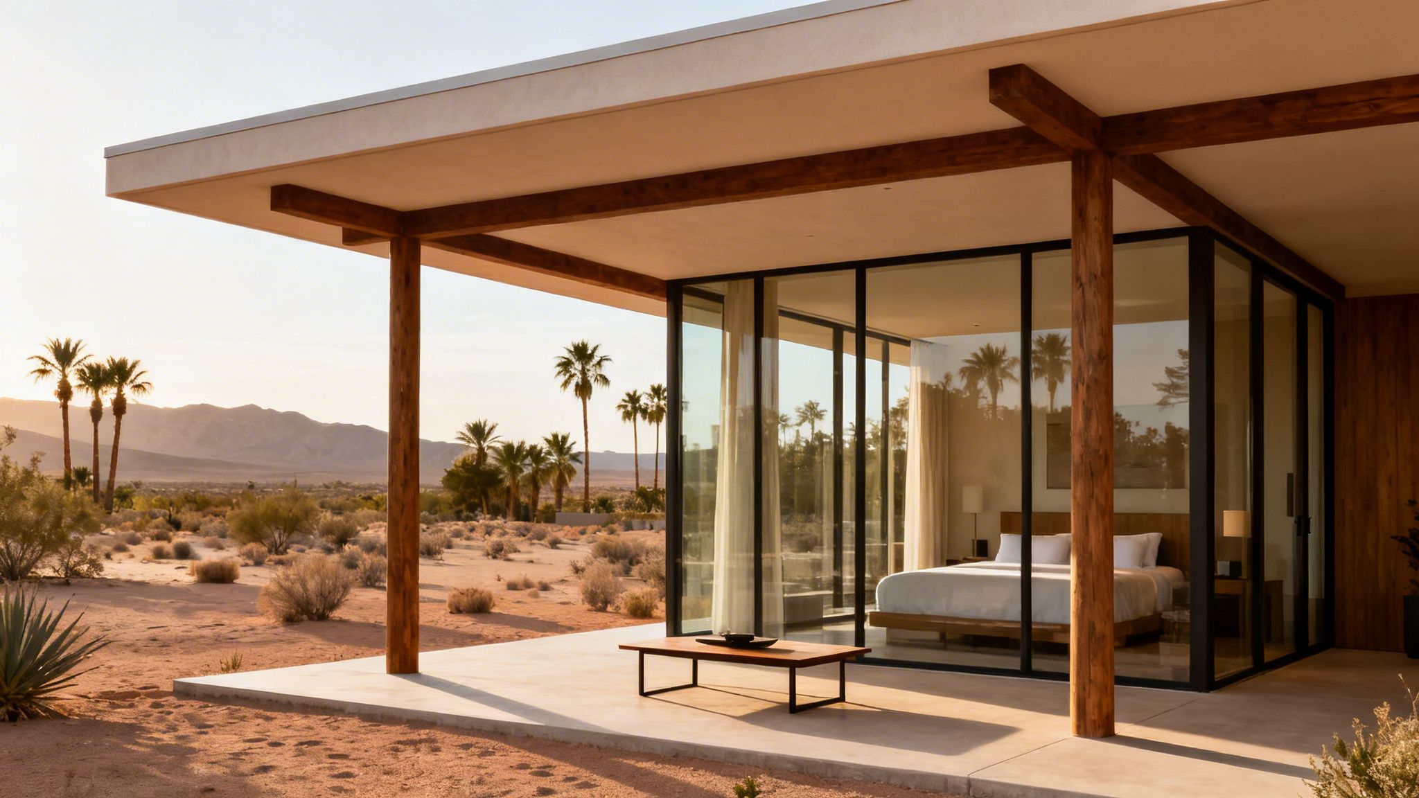 Mid-century modern hotel room with a panoramic view of the Palm Springs desert at sunset.