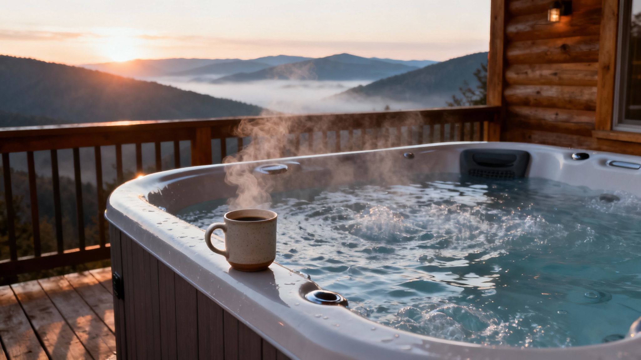 Sunrise over misty mountains viewed from a log cabin deck with a steaming hot tub and coffee.