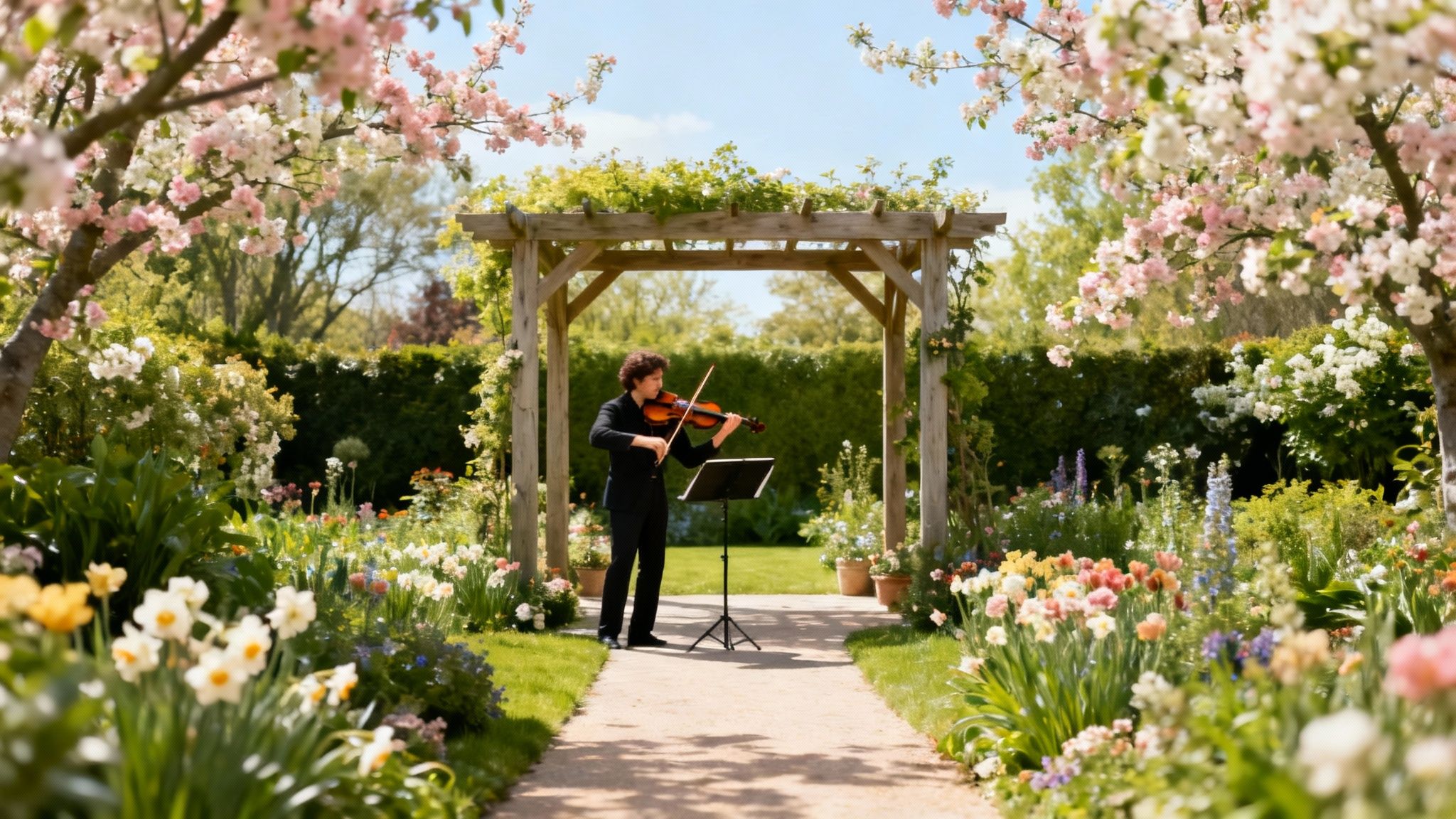 A musician plays violin under a flower-covered wooden arbor in a beautiful spring garden.