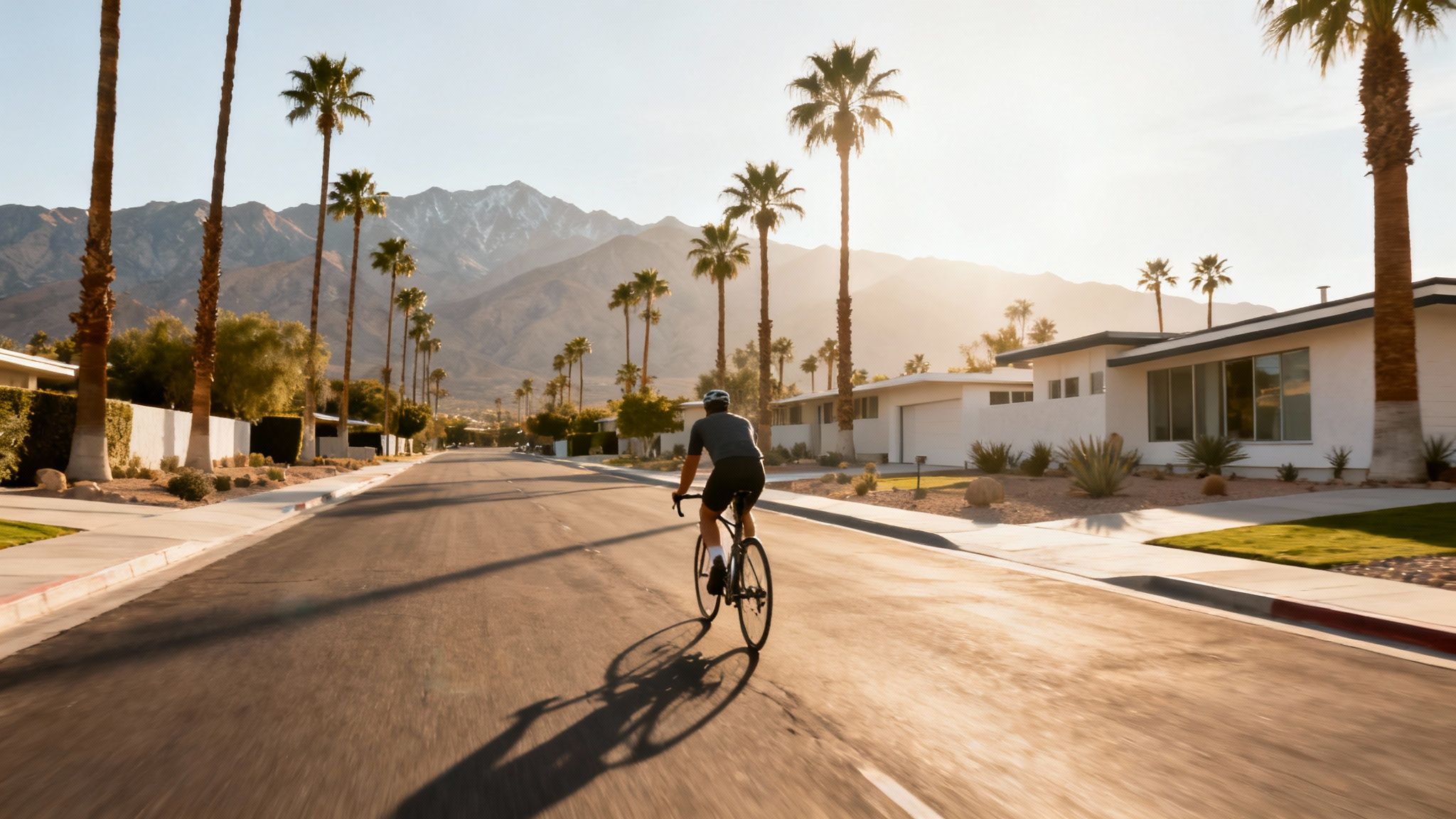 Cyclists enjoying a sunny day on a paved path in Palm Springs