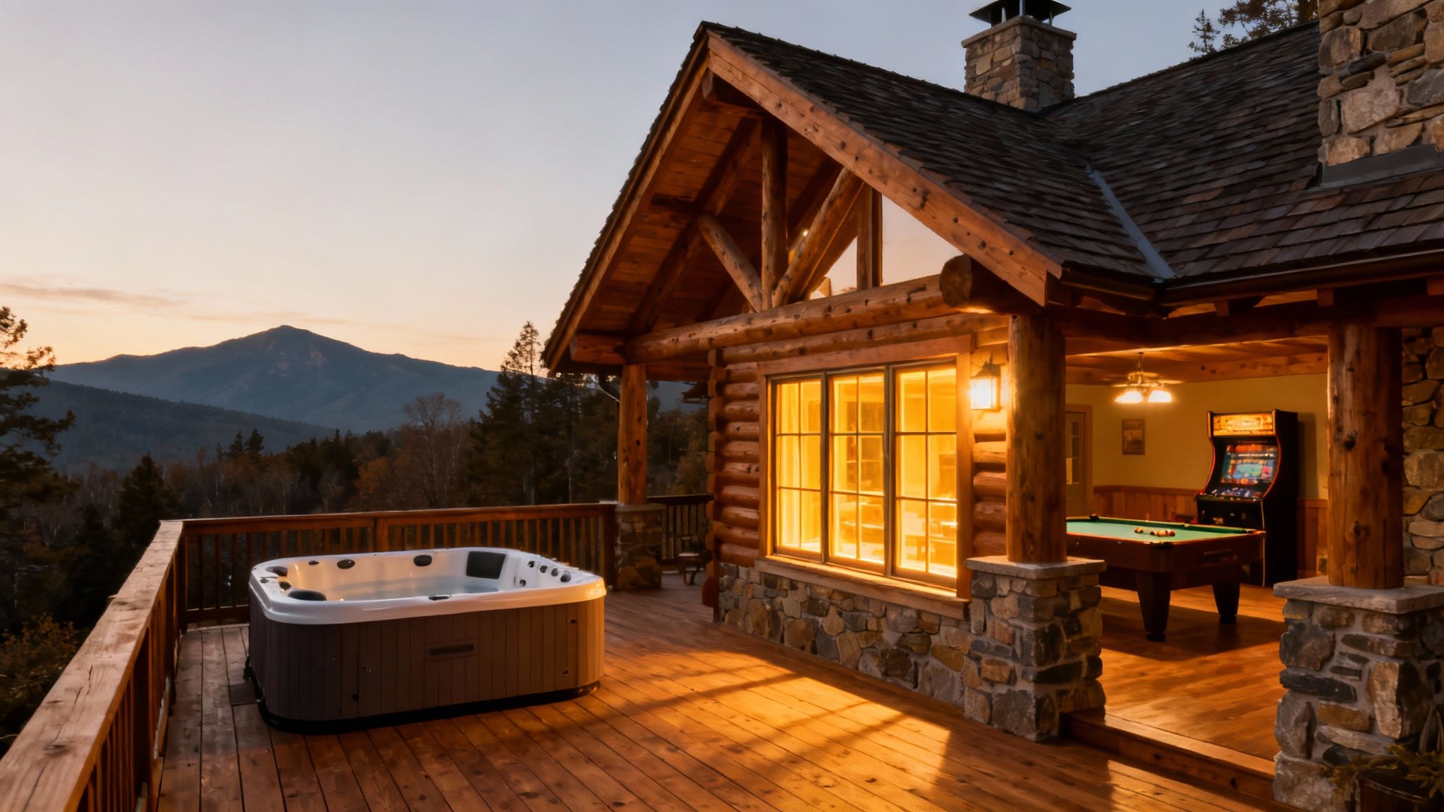 A family enjoying a game of pool inside a rustic log cabin.