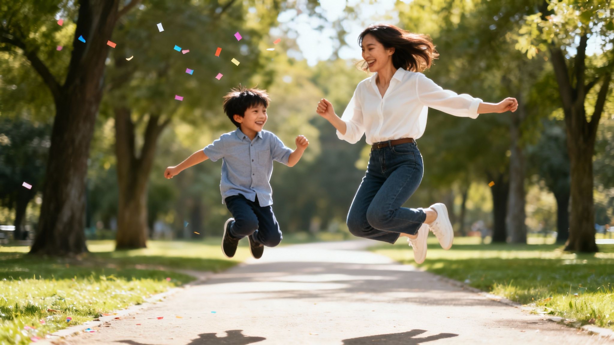A joyful Asian mother and son jump high in a park, surrounded by colorful falling confetti.
