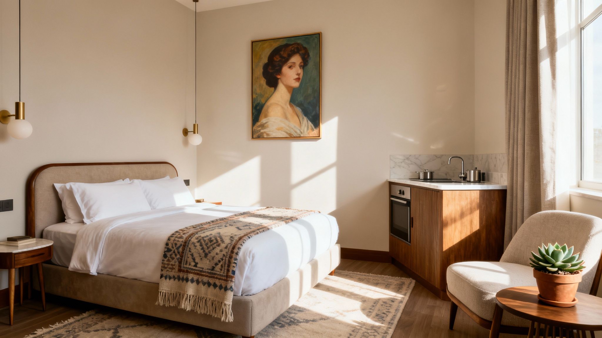 A bright, modern hotel room featuring a bed, kitchenette, and a cozy armchair by the window.