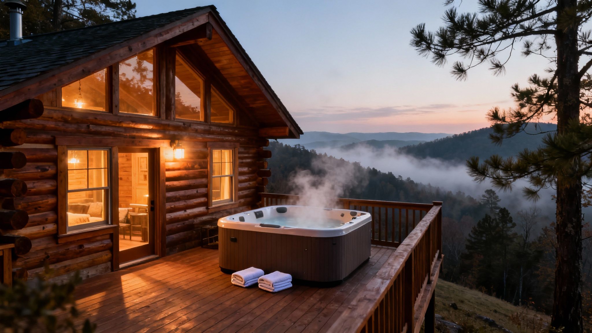 A rustic log cabin with a steaming hot tub on a deck overlooking a misty mountain valley at dawn.