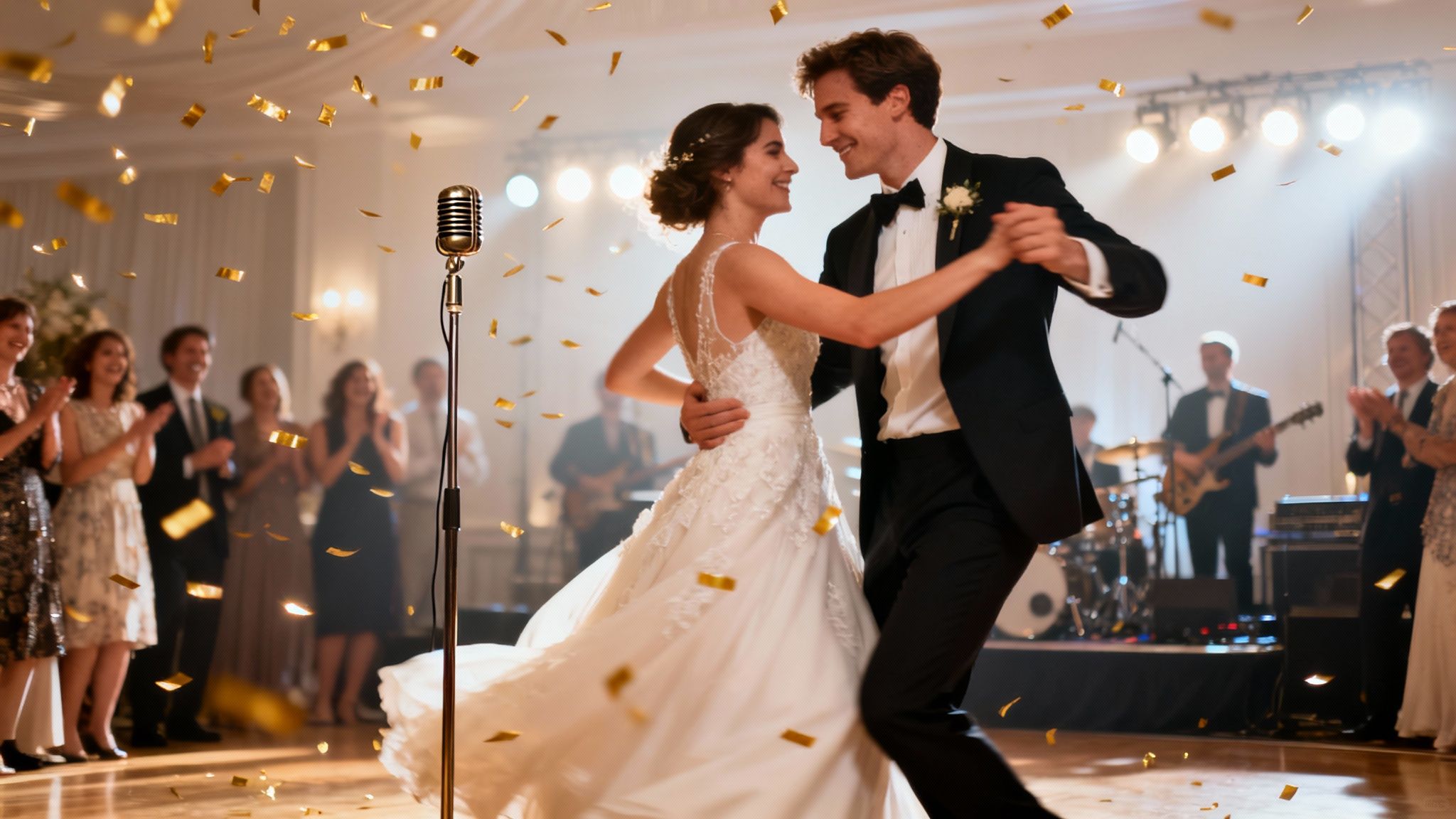A bride and her bridesmaids laughing and dancing together at a wedding reception.