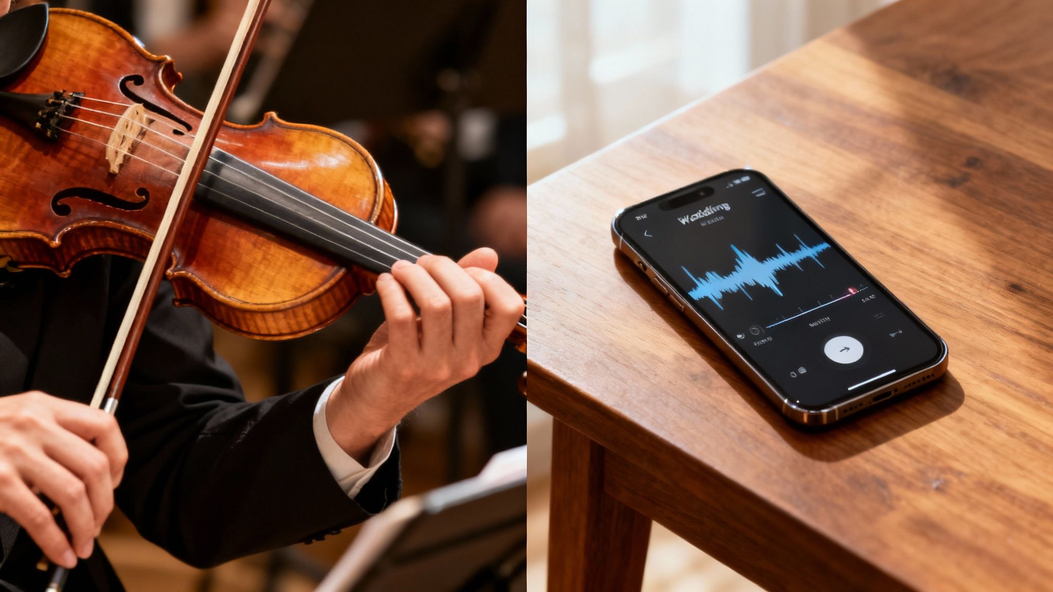 A person plays a classical violin in an orchestra, while a smartphone displays a sound wave.