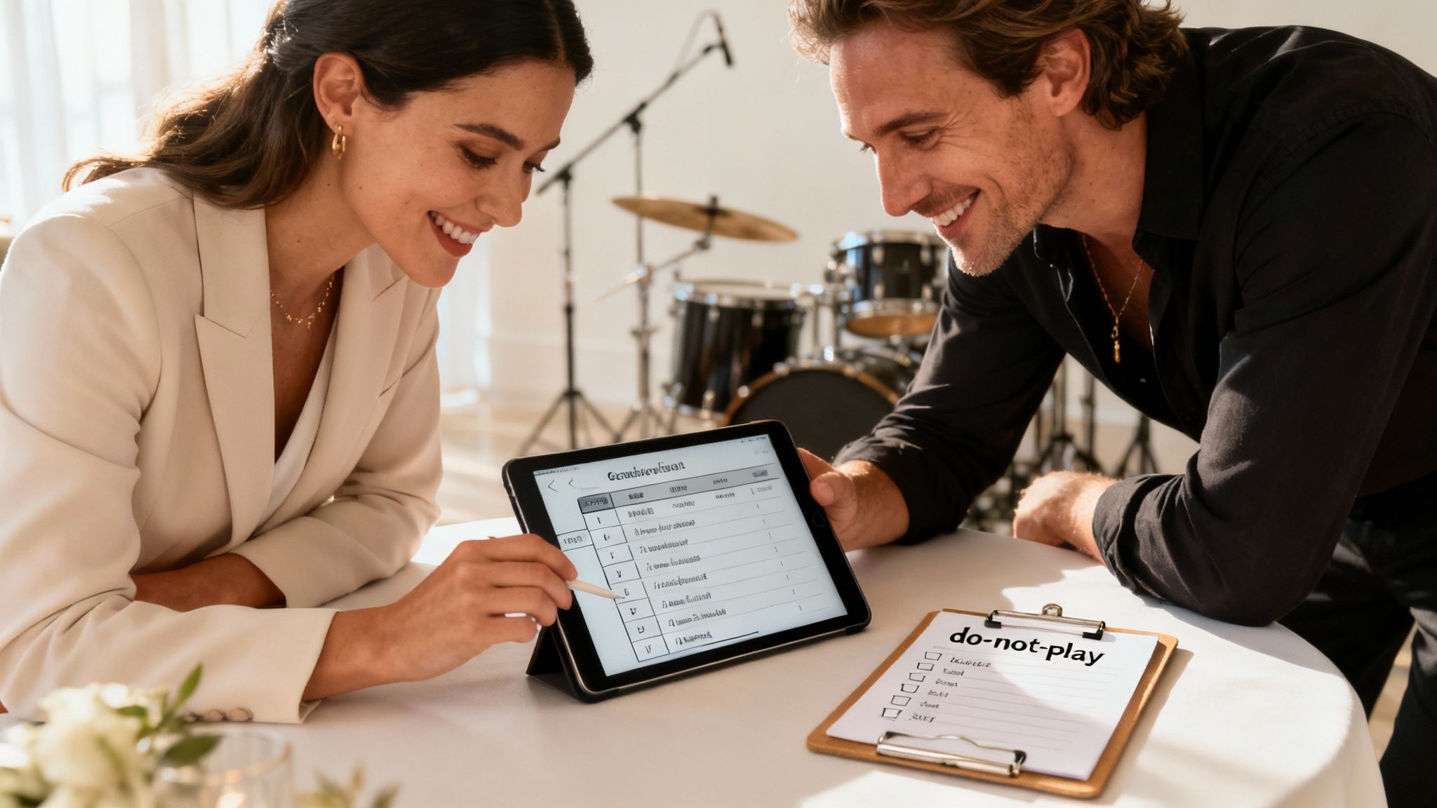 A wedding crowd dancing and cheering in front of a live band on stage with vibrant lighting.