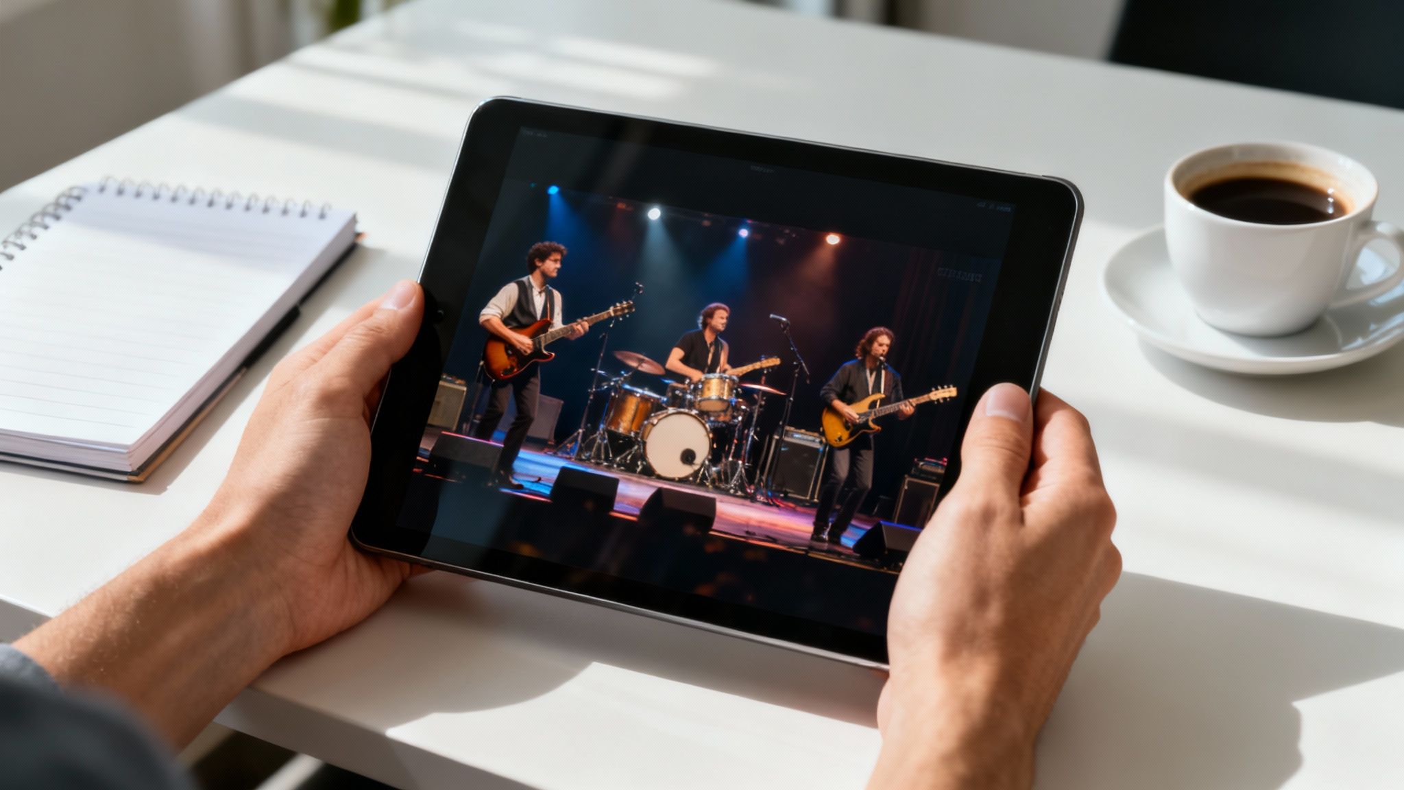 A group of musicians performing energetically on a brightly lit stage at a corporate event.
