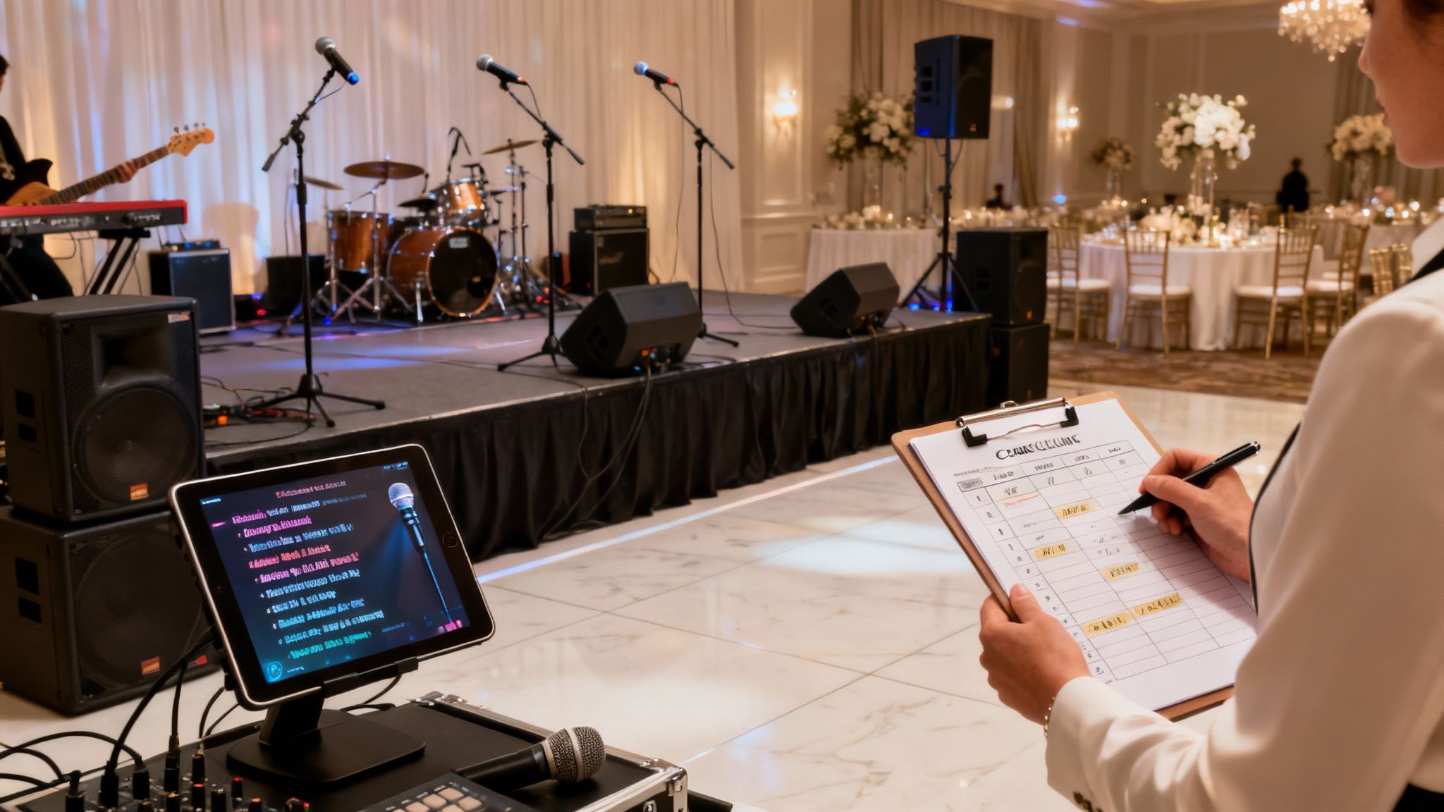 Person managing live band karaoke setup with tablet and clipboard in elegant event venue.
