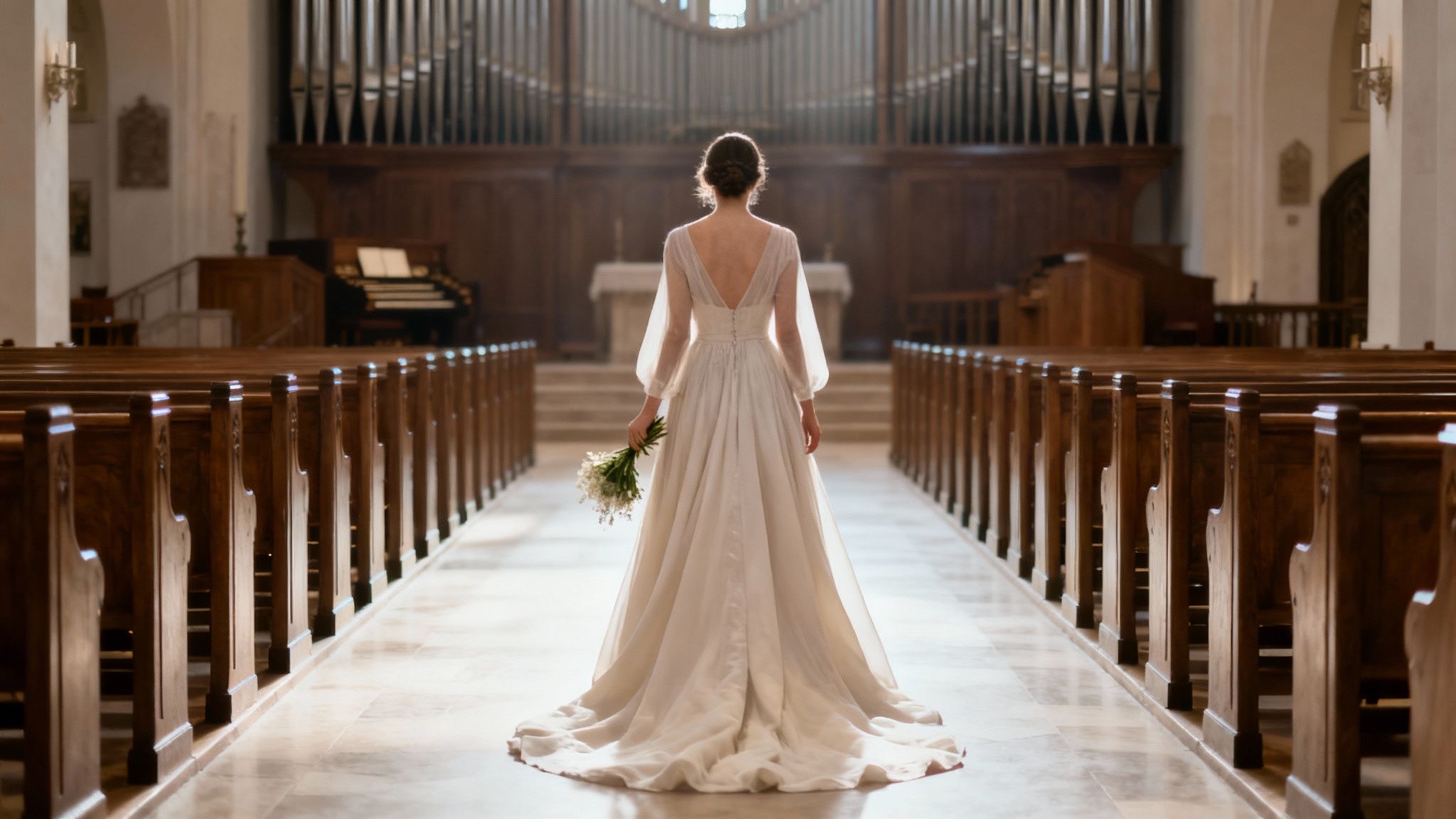 Rear view of a bride in a white gown walking down a church aisle towards an altar.