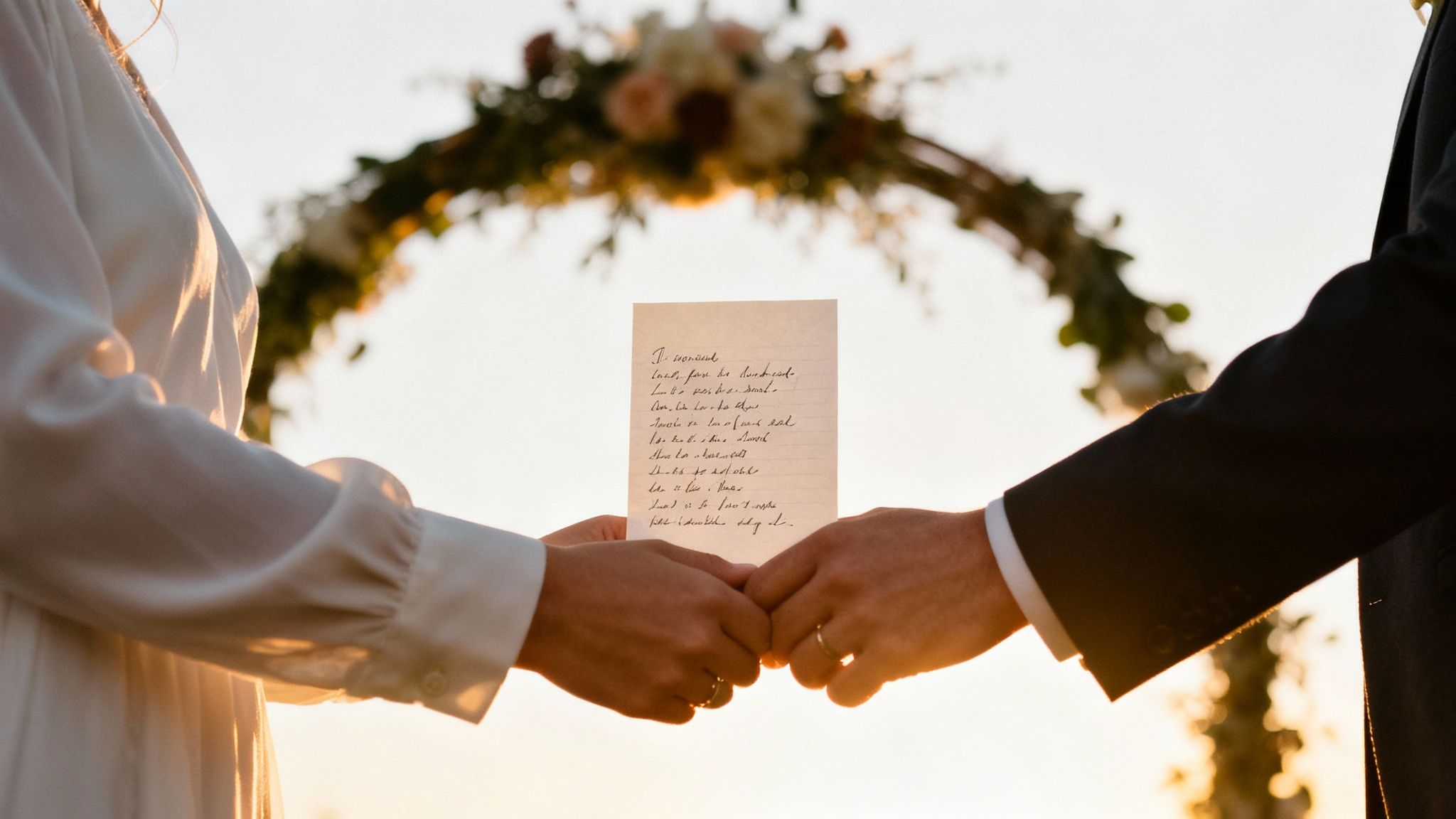 Bride and groom holding hands and exchanging handwritten vows at their outdoor wedding ceremony.