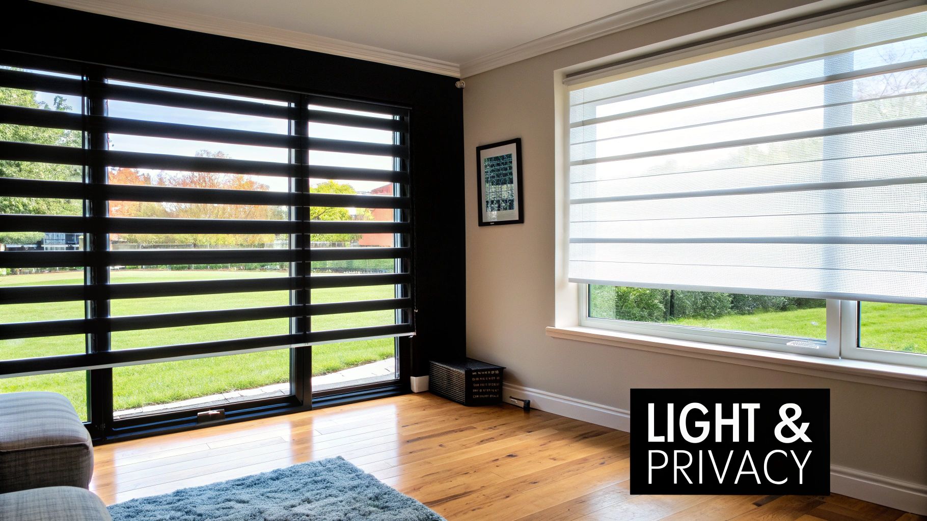 A room with a large window featuring black zebra blinds and another with white zebra blinds, providing light and privacy.