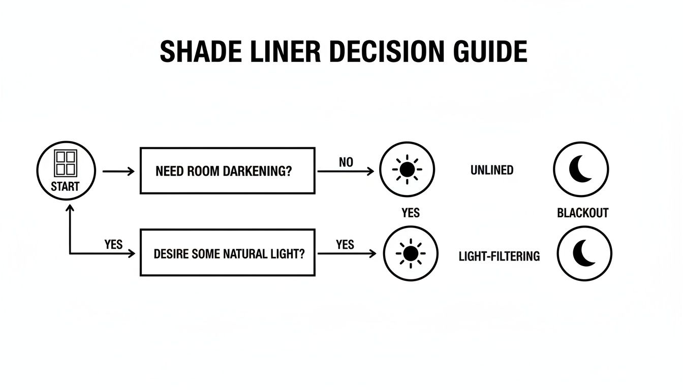 Decision guide flowchart for choosing shade liners based on room darkening and natural light needs.