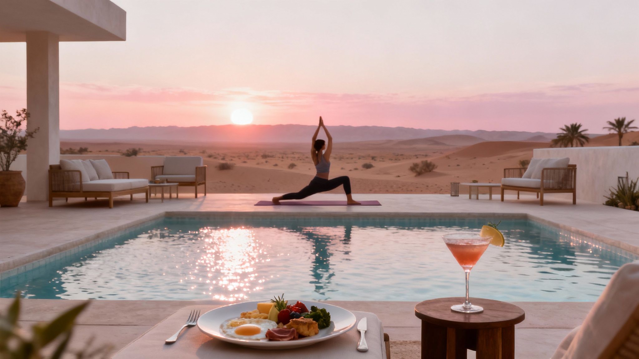Women relaxing and laughing together by a beautiful, sunny hotel pool